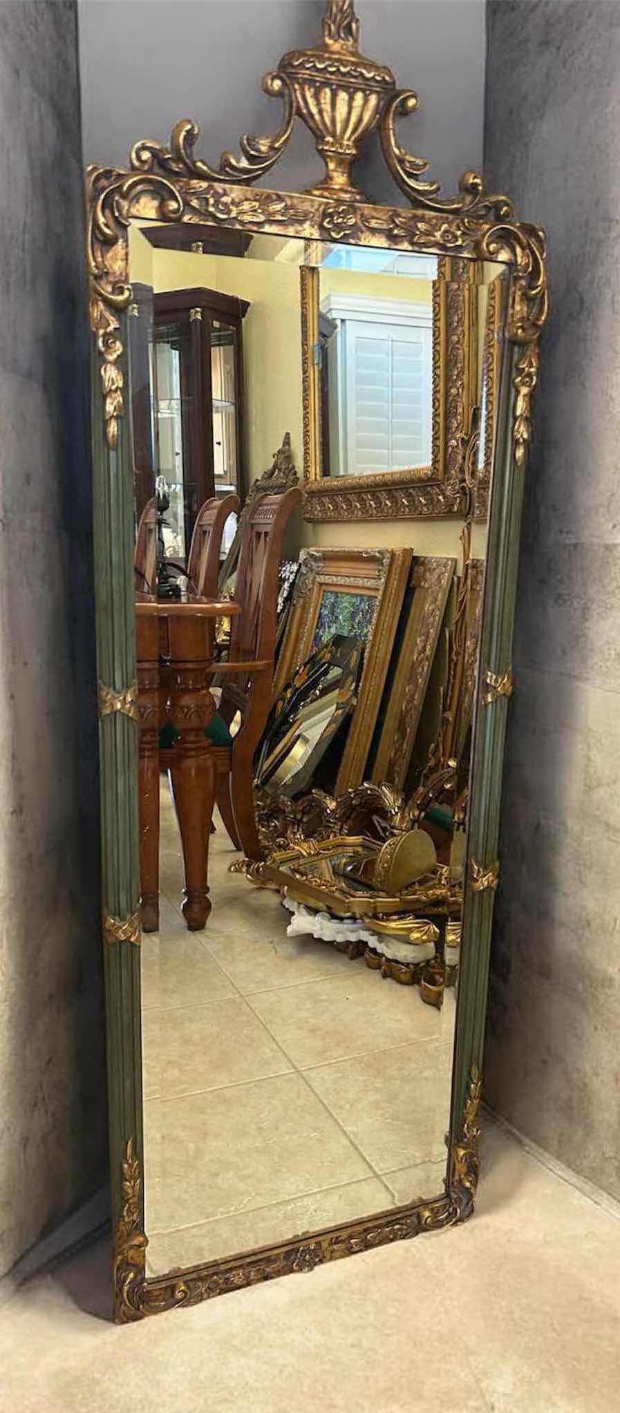Photo 1 of ORNATE GREEN GOLD VINTAGE FRENCH NEOCLASSICAL PIER WALL MIRROR W GILTWOOD CARVINGS 19" X 57"