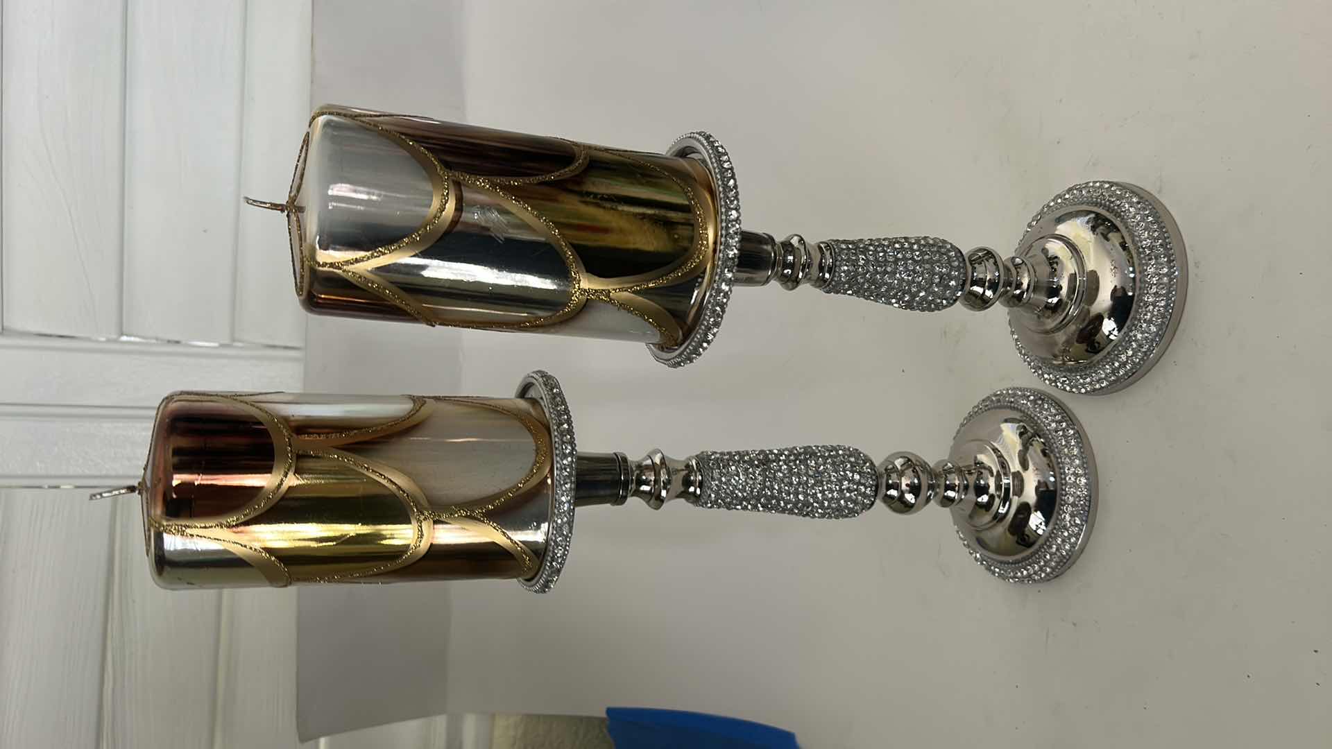 Photo 1 of 2 SILVER TONE RHINESTONE CANDLE HOLDERS AND 2 DECORATIVE CANDLES ( TALLEST 16.5”)
