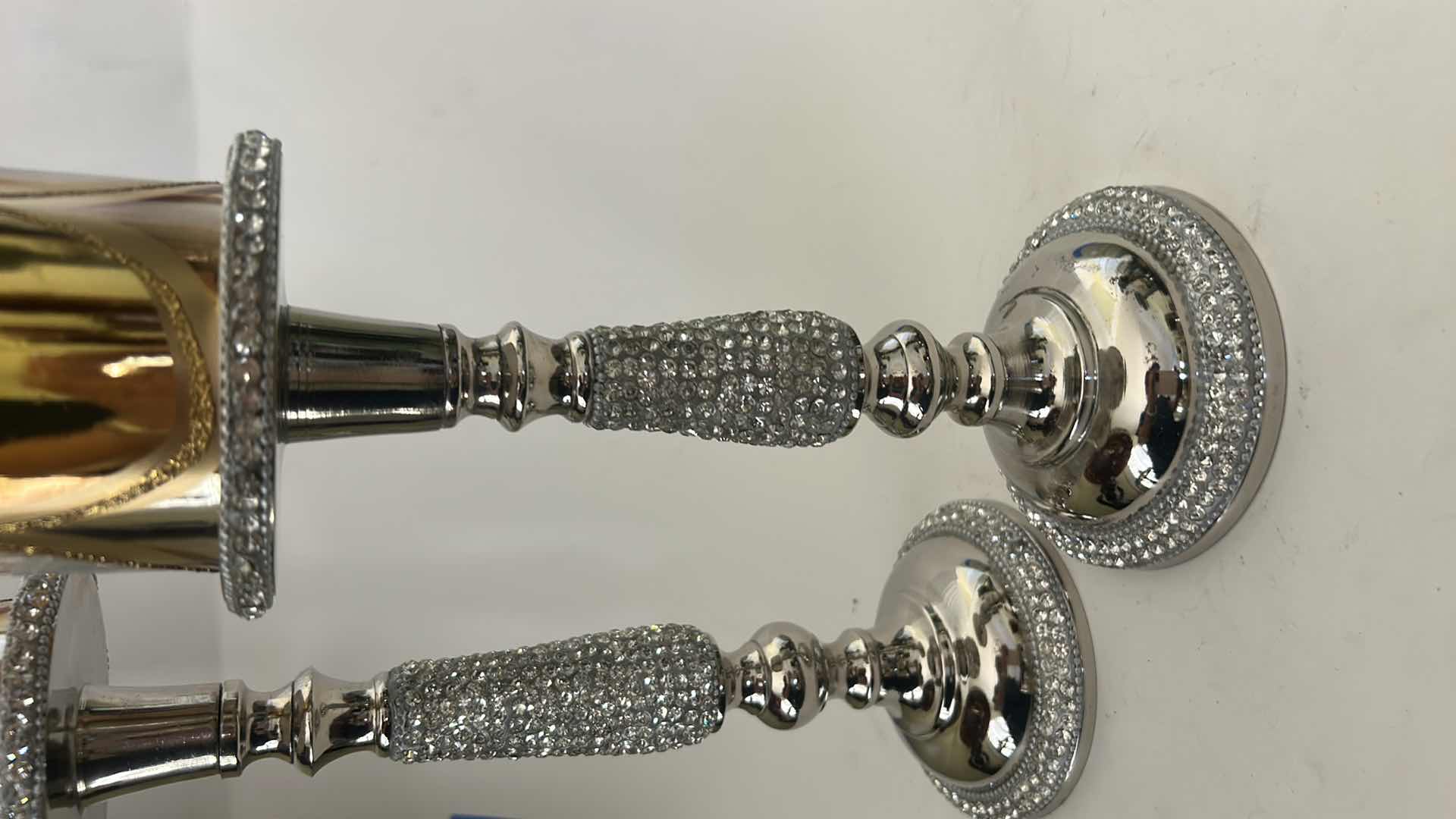 Photo 1 of 2 SILVER TONE RHINESTONE CANDLE HOLDERS AND 2 DECORATIVE CANDLES ( TALLEST 16.5”)