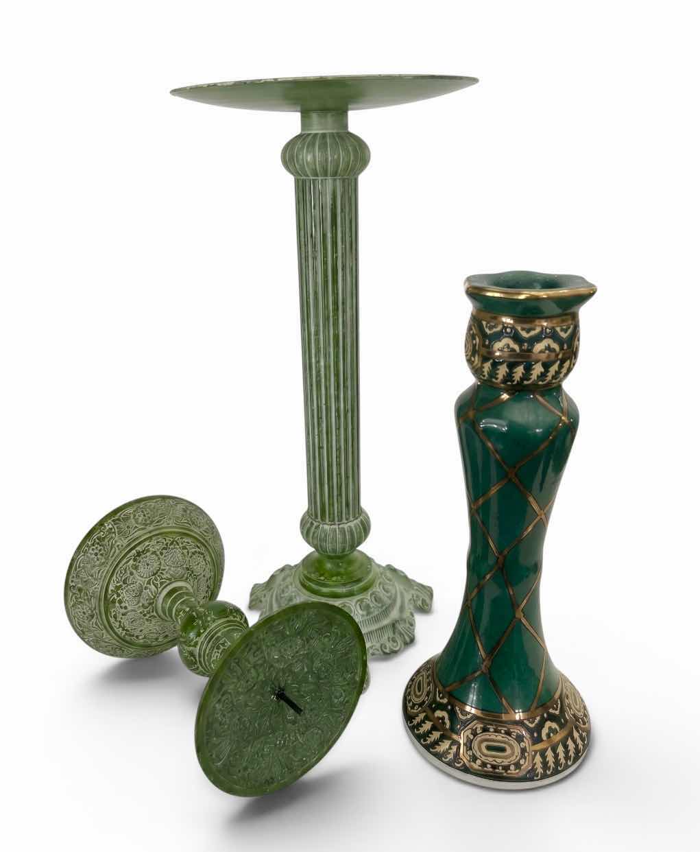 Photo 1 of 3 GREEN TONE CANDLE HOLDERS (TALLEST 14.25”)