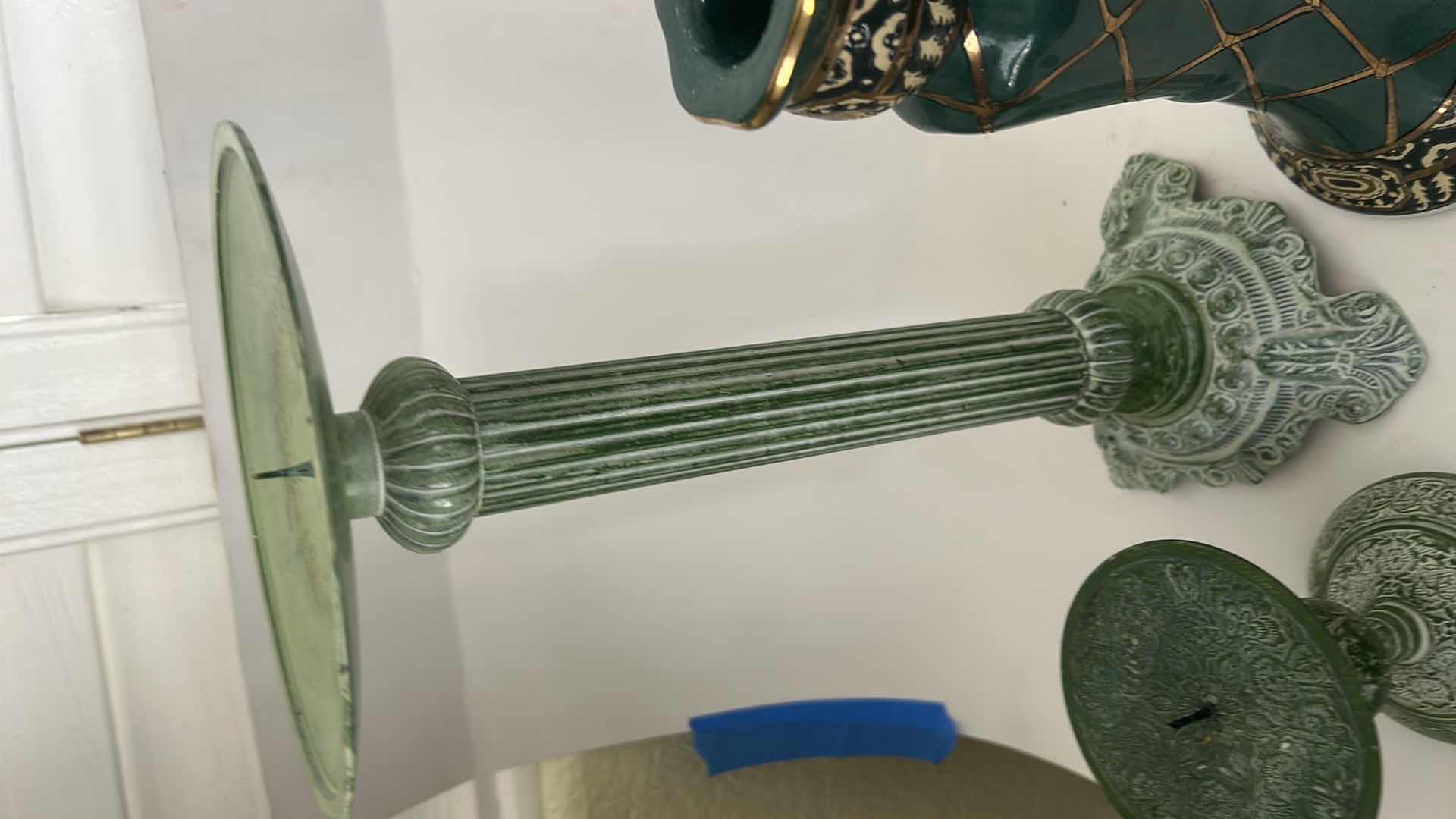 Photo 1 of 3 GREEN TONE CANDLE HOLDERS (TALLEST 14.25”)