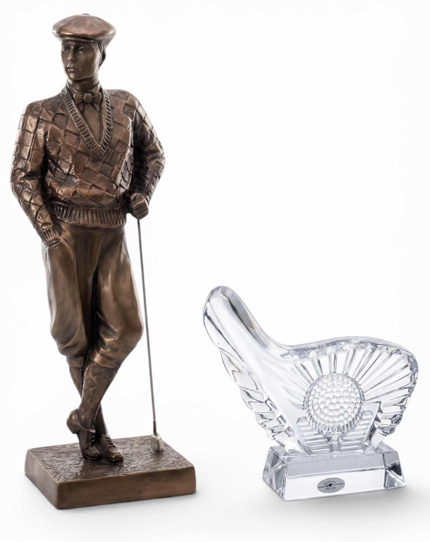 Photo 1 of 2 PC GOLF DECOR- METAL BRONZE SHADE GOLFER FIGURINE H16.25” AND CRYSTAL GOLF CLUB HEAD