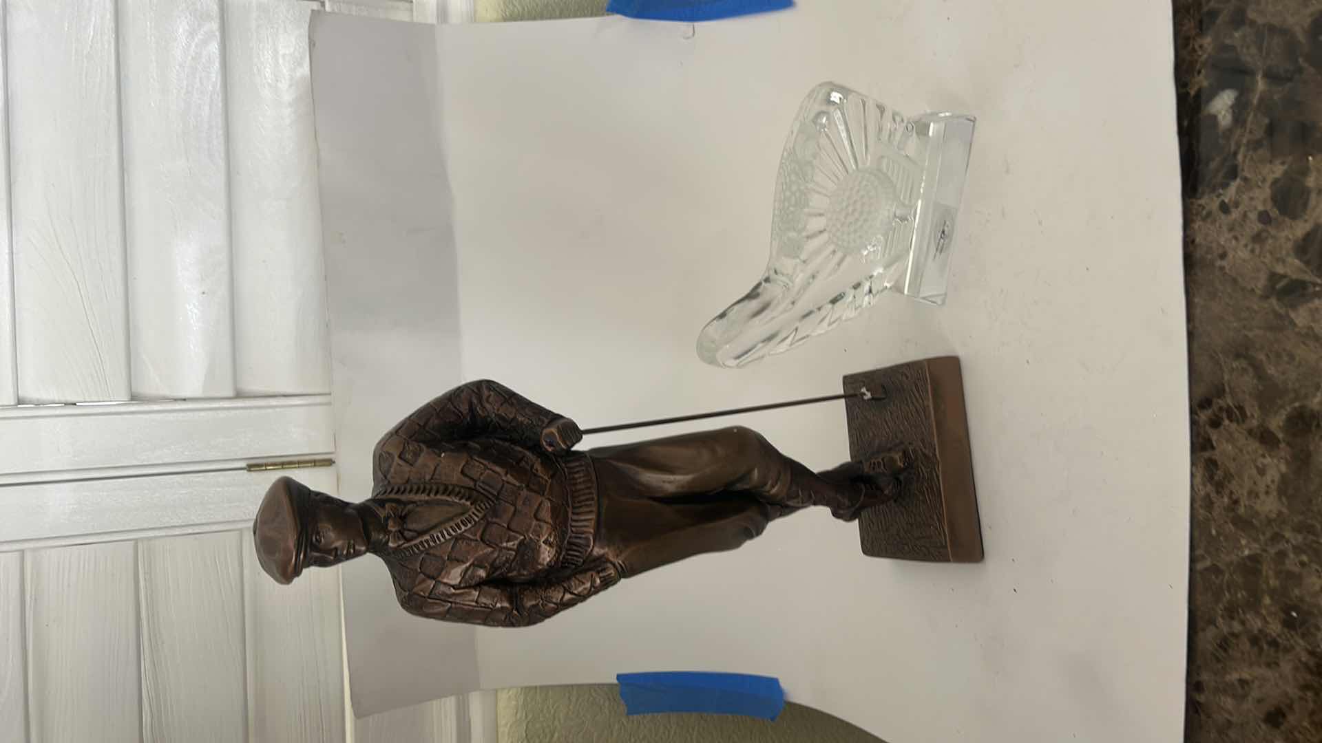 Photo 1 of 2 PC GOLF DECOR- METAL BRONZE SHADE GOLFER FIGURINE H16.25” AND CRYSTAL GOLF CLUB HEAD