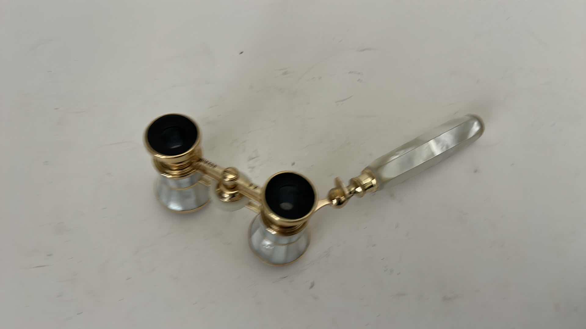 Photo 1 of MIGNON VINTAGE-STYLE OPERA GLASSES FEATURE A GOLD-PLATED BRASS FRAME W INTRICATE MOTHER-OF-PEARL INLAY & MATCHING EXTENDABLE HANDLE.