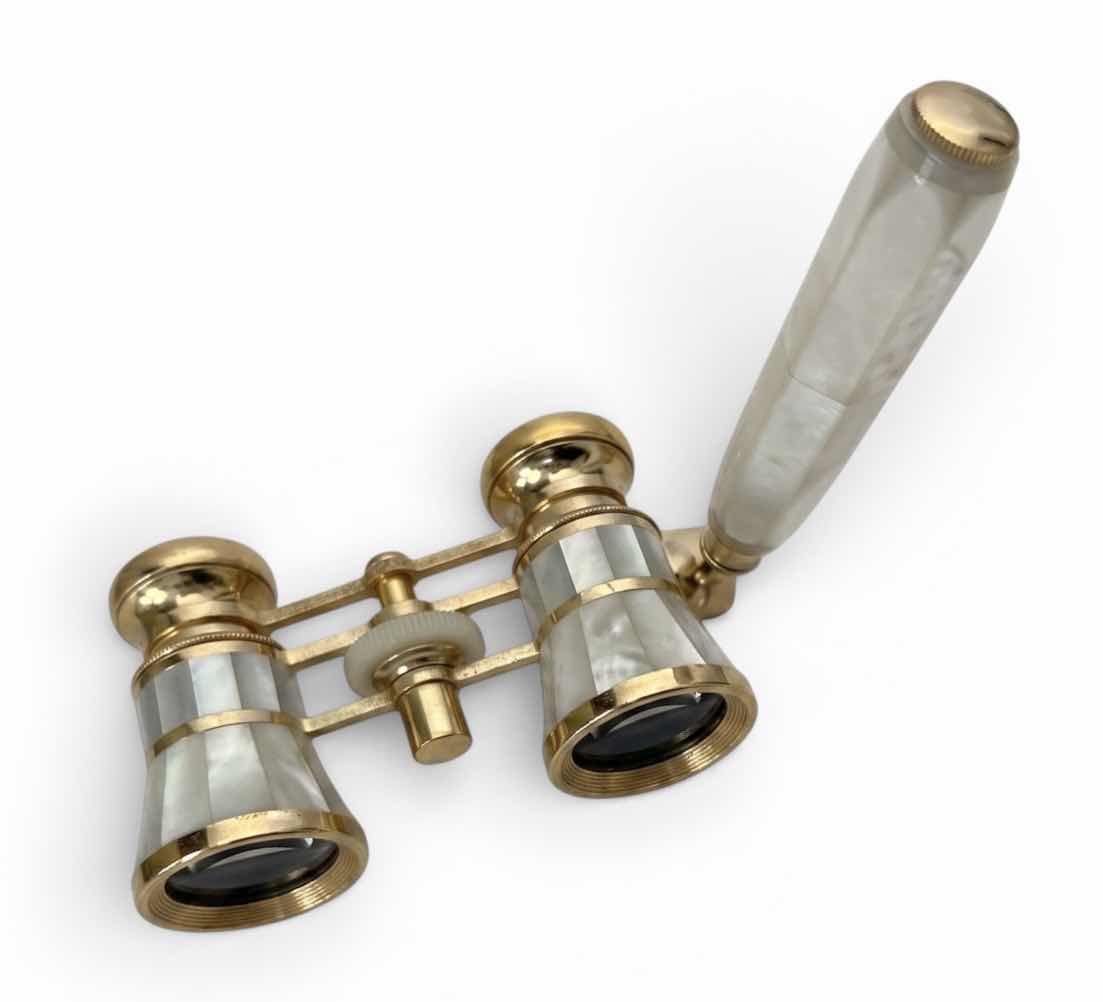 Photo 1 of MIGNON VINTAGE-STYLE OPERA GLASSES FEATURE A GOLD-PLATED BRASS FRAME W INTRICATE MOTHER-OF-PEARL INLAY & MATCHING EXTENDABLE HANDLE.