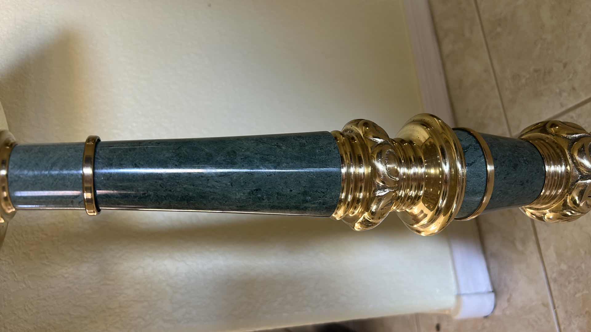 Photo 1 of VINTAGE STIFFEL TABLE LAMP FEATURES A DISTINCTIVE GREEN MARBLE COLUMN PAIRED WITH POLISHED BRASS ACCENTS AND A LARGE BLACK EMPIRE SHADE. H36”