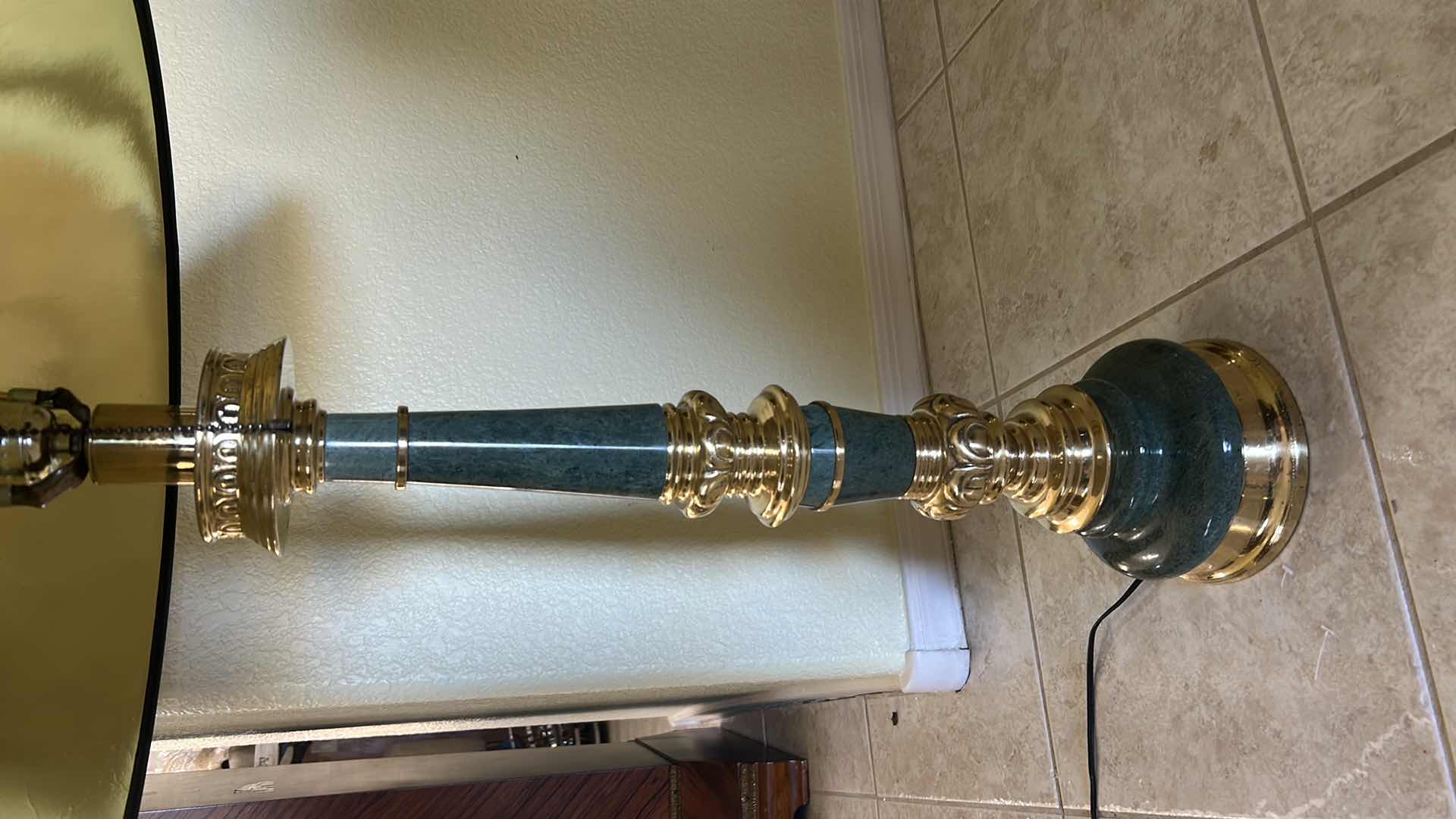 Photo 1 of VINTAGE STIFFEL TABLE LAMP FEATURES A DISTINCTIVE GREEN MARBLE COLUMN PAIRED WITH POLISHED BRASS ACCENTS AND A LARGE BLACK EMPIRE SHADE. H36”