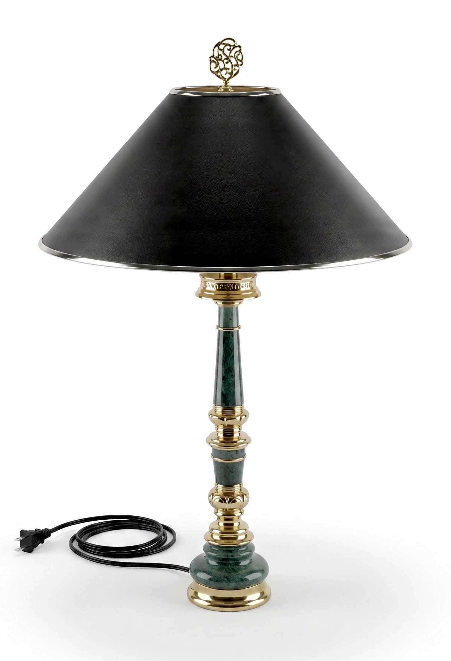 Photo 1 of VINTAGE STIFFEL TABLE LAMP FEATURES A DISTINCTIVE GREEN MARBLE COLUMN PAIRED WITH POLISHED BRASS ACCENTS AND A LARGE BLACK EMPIRE SHADE. H36”