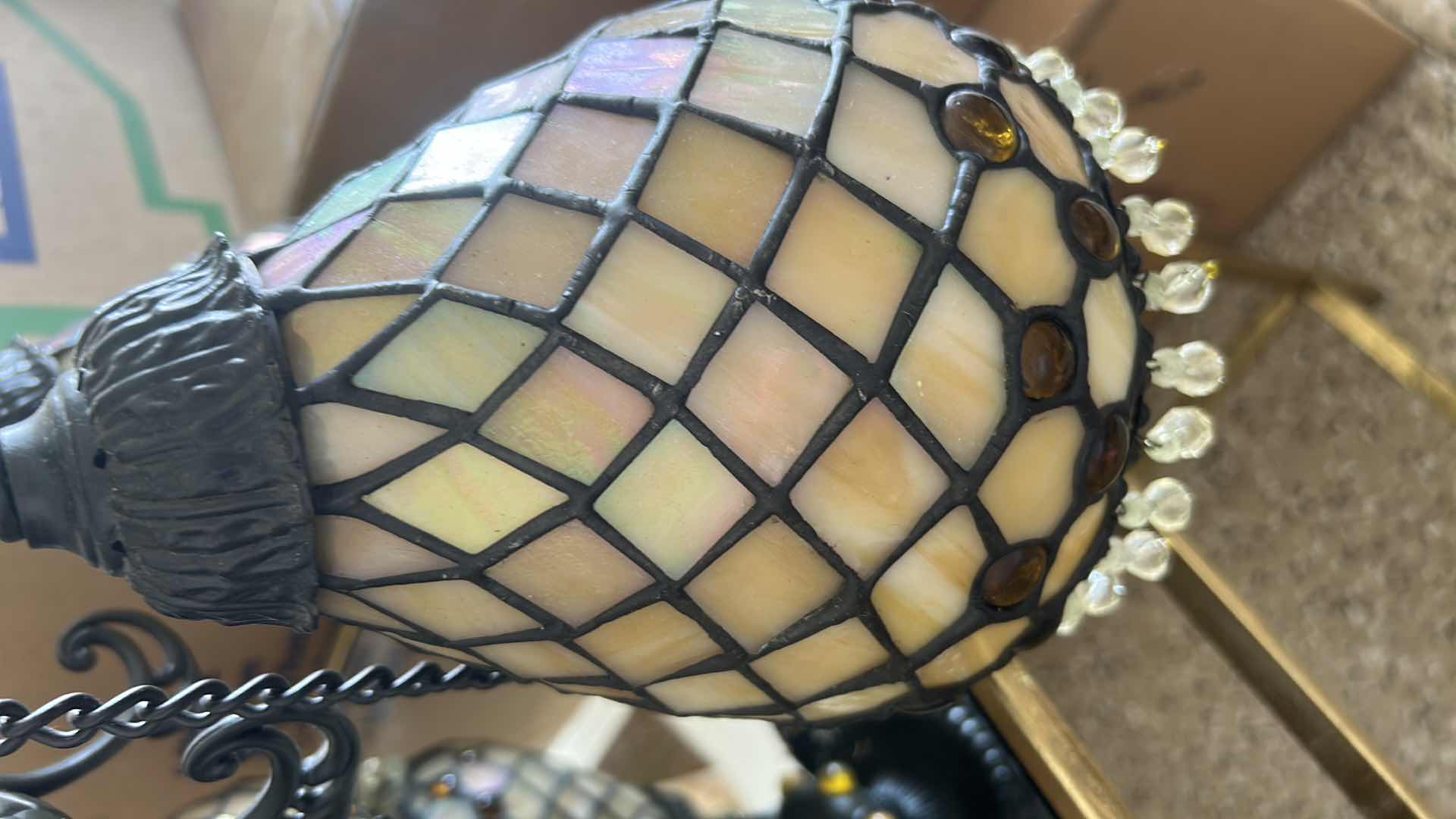 Photo 1 of MEYDA TIFFANY CHANDELIER W HANDCRAFTED STAINED GLASS SHADES DIAMOND PATTERN 24" X 25" RETAIL $500
