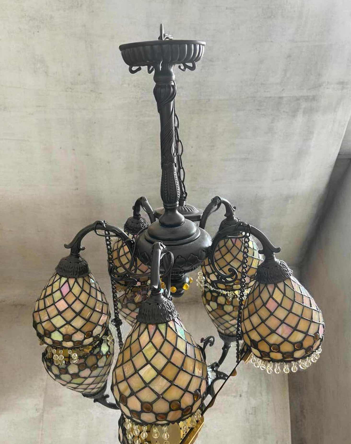 Photo 1 of MEYDA TIFFANY CHANDELIER W HANDCRAFTED STAINED GLASS SHADES DIAMOND PATTERN 24" X 25" RETAIL $500