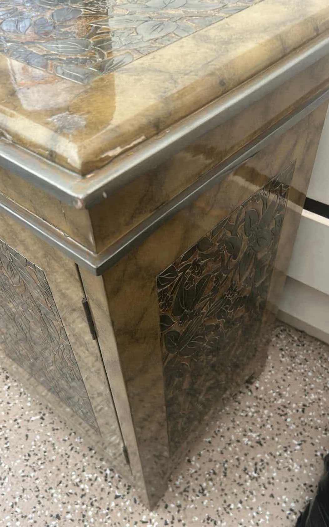 Photo 1 of ART DECO STYLE ACCENT CABINET W TOP & SILVER LEAF FLORAL PANELS 36" X 18" H 30"