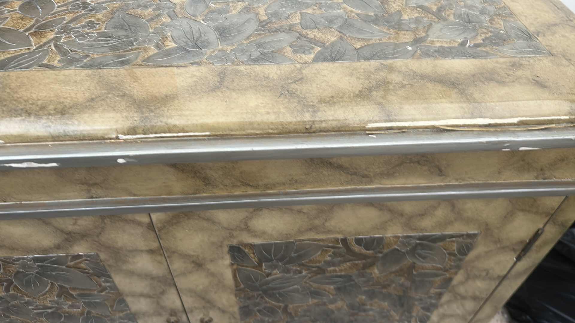 Photo 1 of ART DECO STYLE ACCENT CABINET W TOP & SILVER LEAF FLORAL PANELS 36" X 18" H 30"