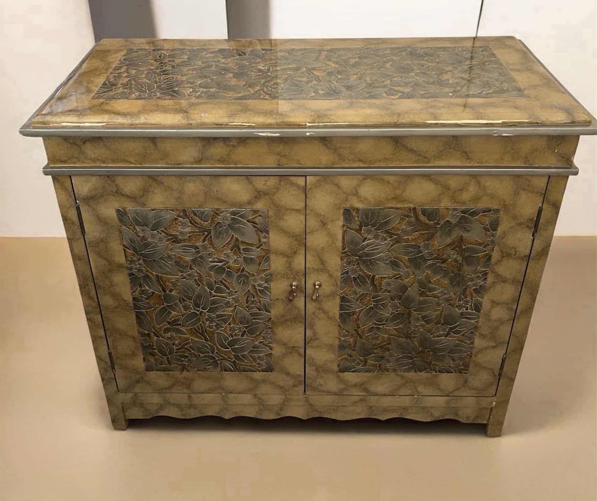 Photo 1 of ART DECO STYLE ACCENT CABINET W TOP & SILVER LEAF FLORAL PANELS 36" X 18" H 30"