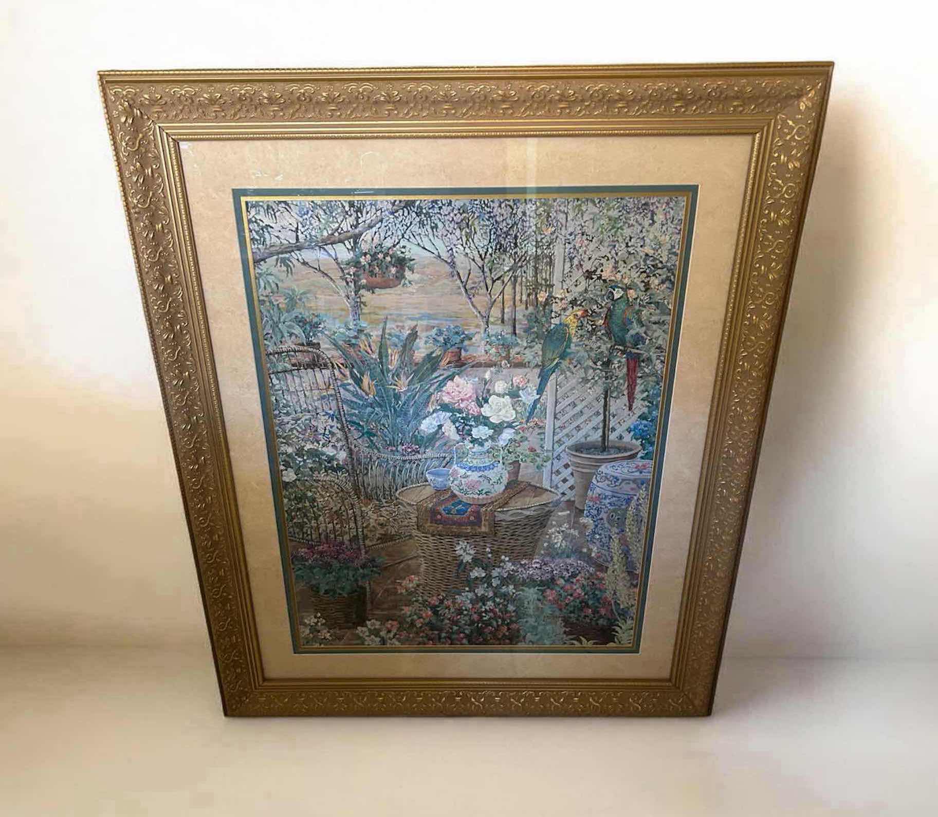 Photo 1 of FRAMED SERIGRAPH " INTERIOR WITH CHAIR" BY JOHN POWELL FEATURING DETAILED FLORAL PORCH 35" X 42"