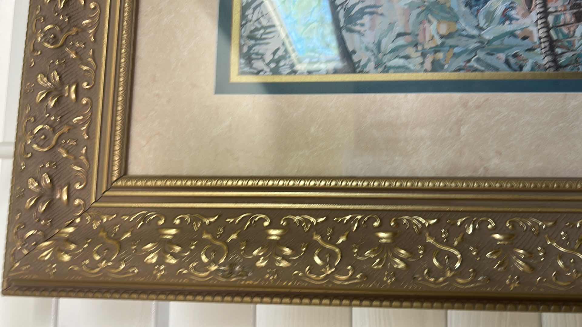 Photo 1 of FRAMED SERIGRAPH " INTERIOR WITH CHAIR" BY JOHN POWELL FEATURING DETAILED FLORAL PORCH 35" X 42"