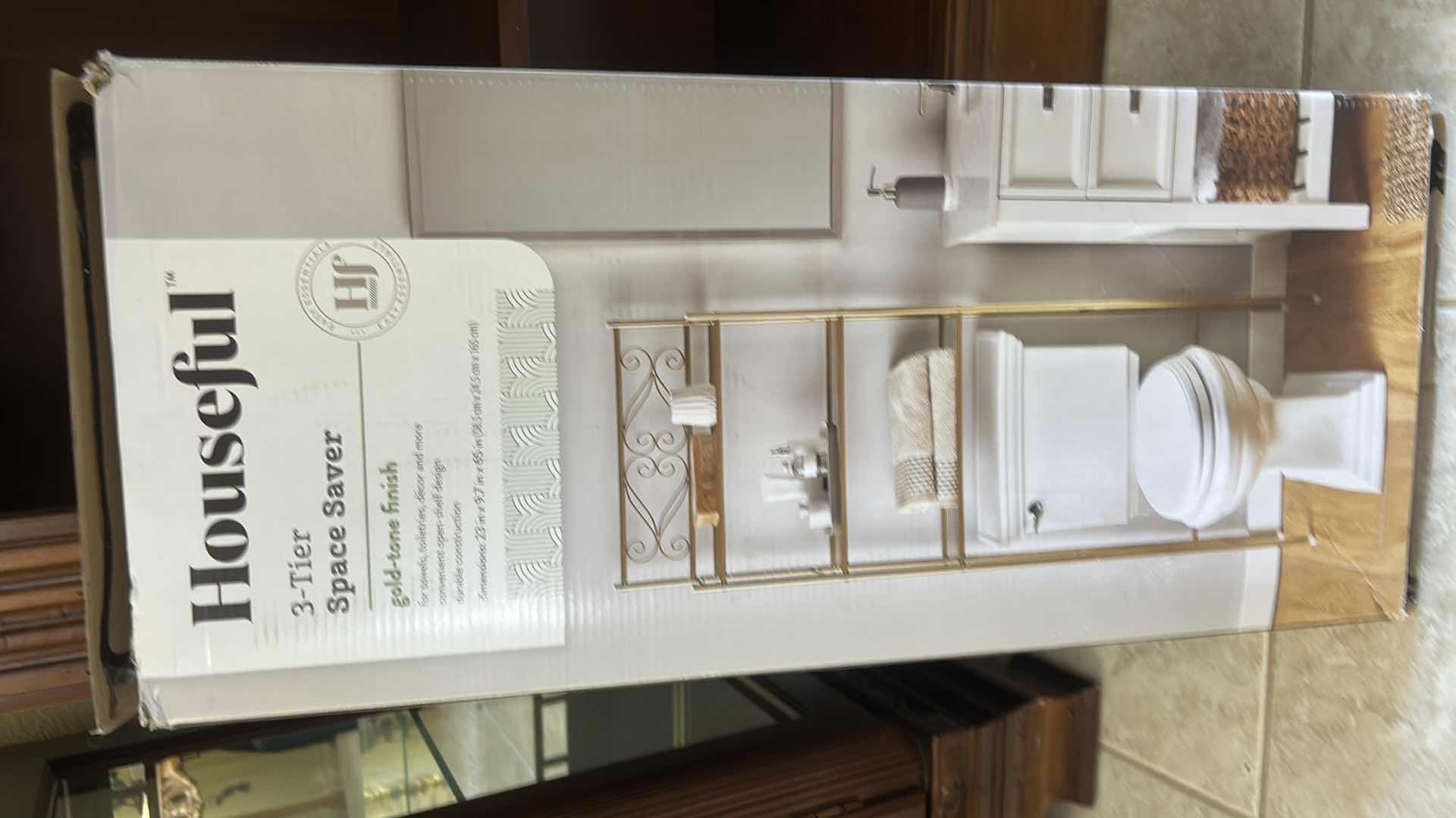View 2 of NEW IN BOX HOUSEFUL 3-TIER SPACE SAVER FEATURES A GOLD-TONE METAL FINISH