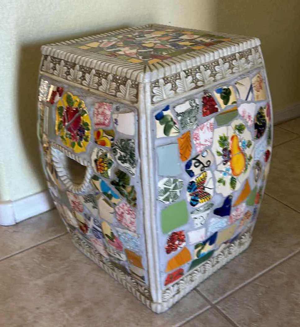 Photo 1 of MOSAIC CERAMIC GARDEN STOOL FEATURES A VIBRANT, ECLECTIC PATTERN OF COLORFUL POTTERY SHARDS ARRANGED IN A DECORATIVE MOSAIC DESIGN. H17”