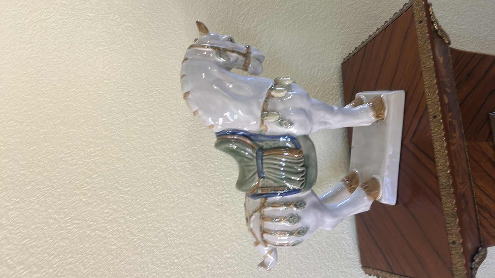 Photo 1 of PORCELAIN TANG HORSE STATUE, ORIENTAL DECOR PIECE FEATURING A WHITE CRACKLE GLAZE AND DETAILED BLUE AND GREEN SADDLERY. H13”