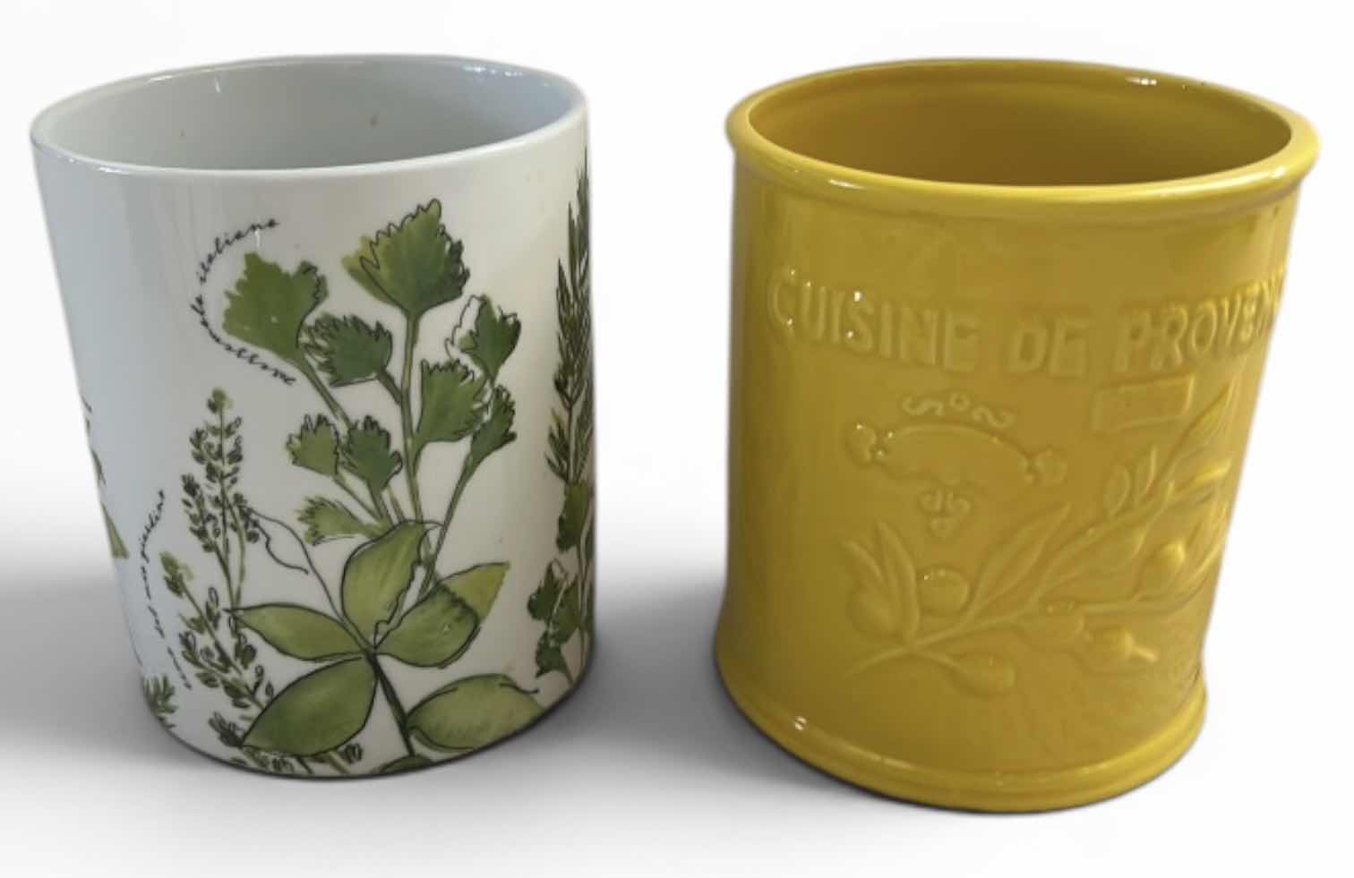 Photo 1 of 2 CERAMIC CANISTERS FEATURE BOTANICAL HERB ILLUSTRATIONS AND EMBOSSED FRENCH TEXT. H7.5”