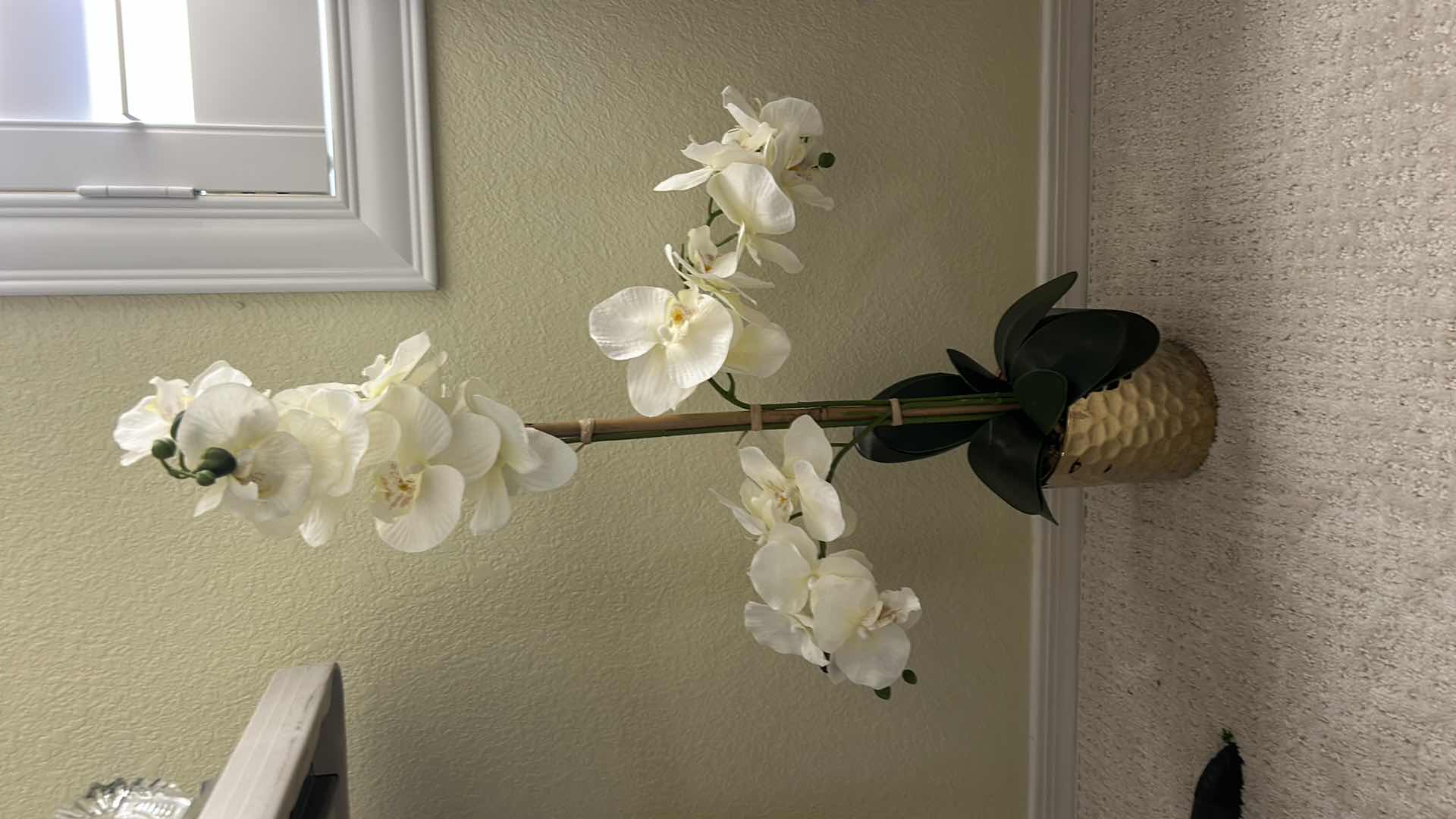 Photo 1 of ARTIFICIAL PHALAENOPSIS ORCHID ARRANGEMENT FEATURES WHITE SILK BLOOMS HOUSED IN A TEXTURED, METALLIC GOLD POT. H31”