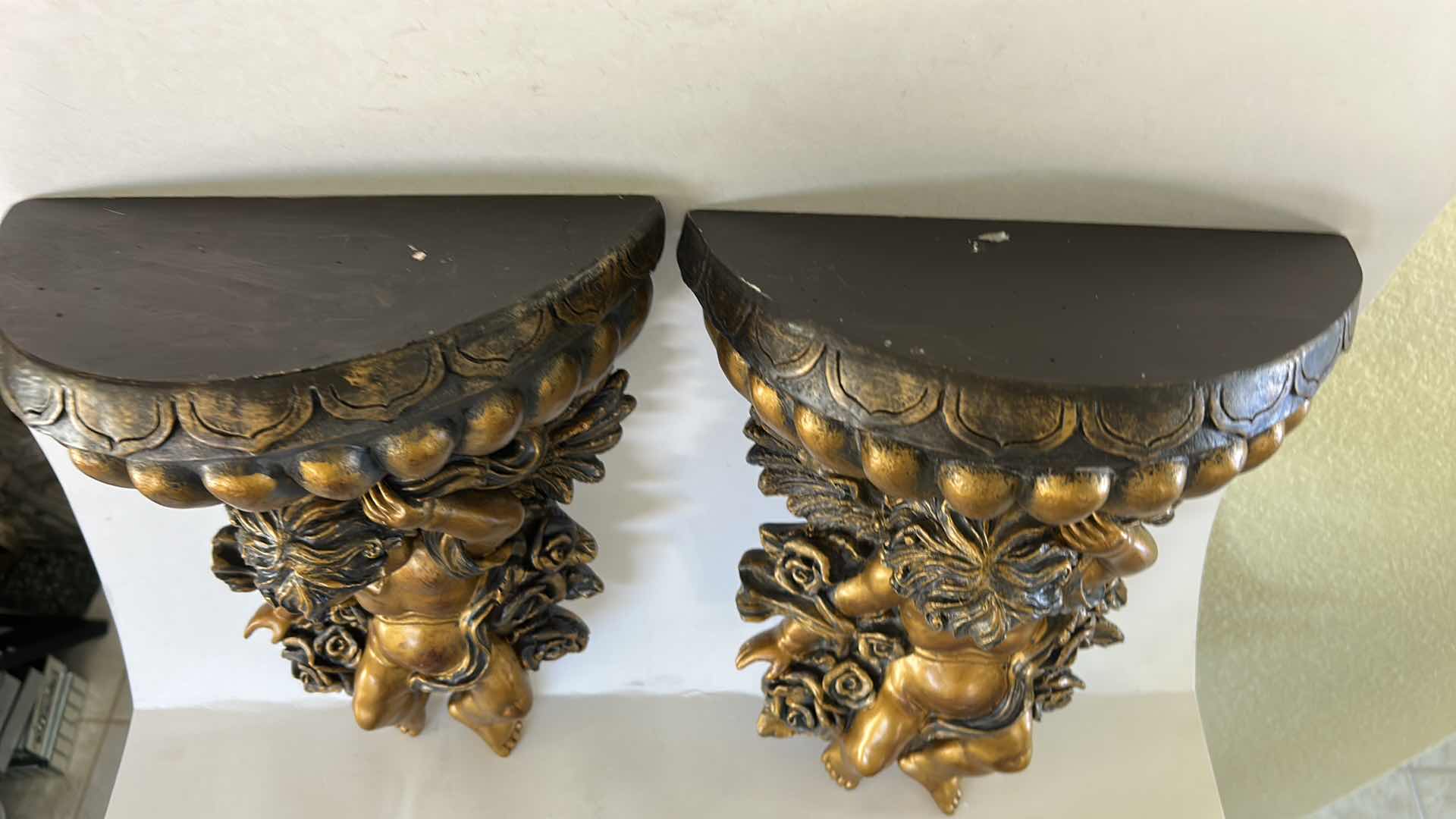 Photo 1 of 2- HOLLYWOOD REGENCY STYLE CHERUB WALL SHELF SCONCES FEATURE ORNATE CHERUB PLASTER FIGURES H13”