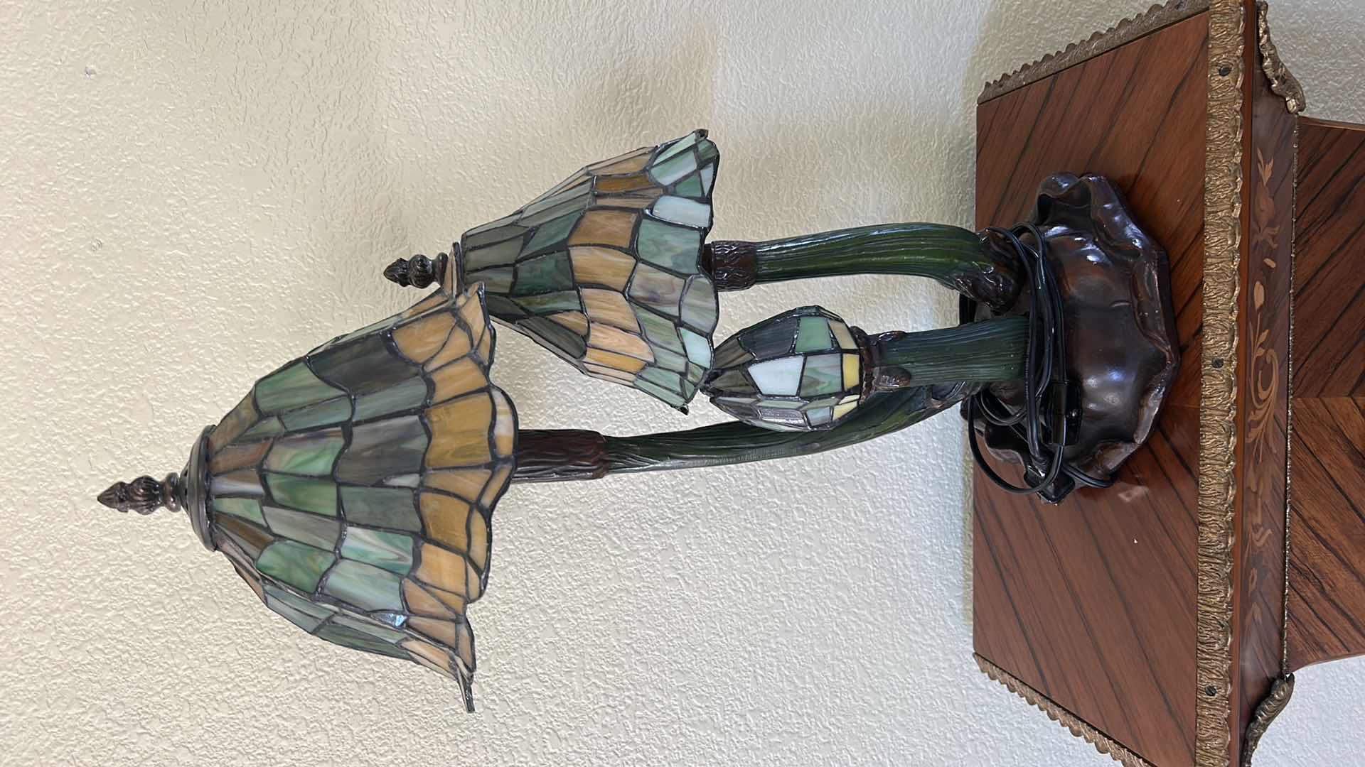 Photo 1 of 20TH-CENTURY ART NOUVEAU STYLE DESK LAMP FEATURING THREE MUSHROOM-SHAPED SHADES MADE OF STAINED GLASS IN GREEN AND AMBER TONES. H21” VALUE $200 to $1000