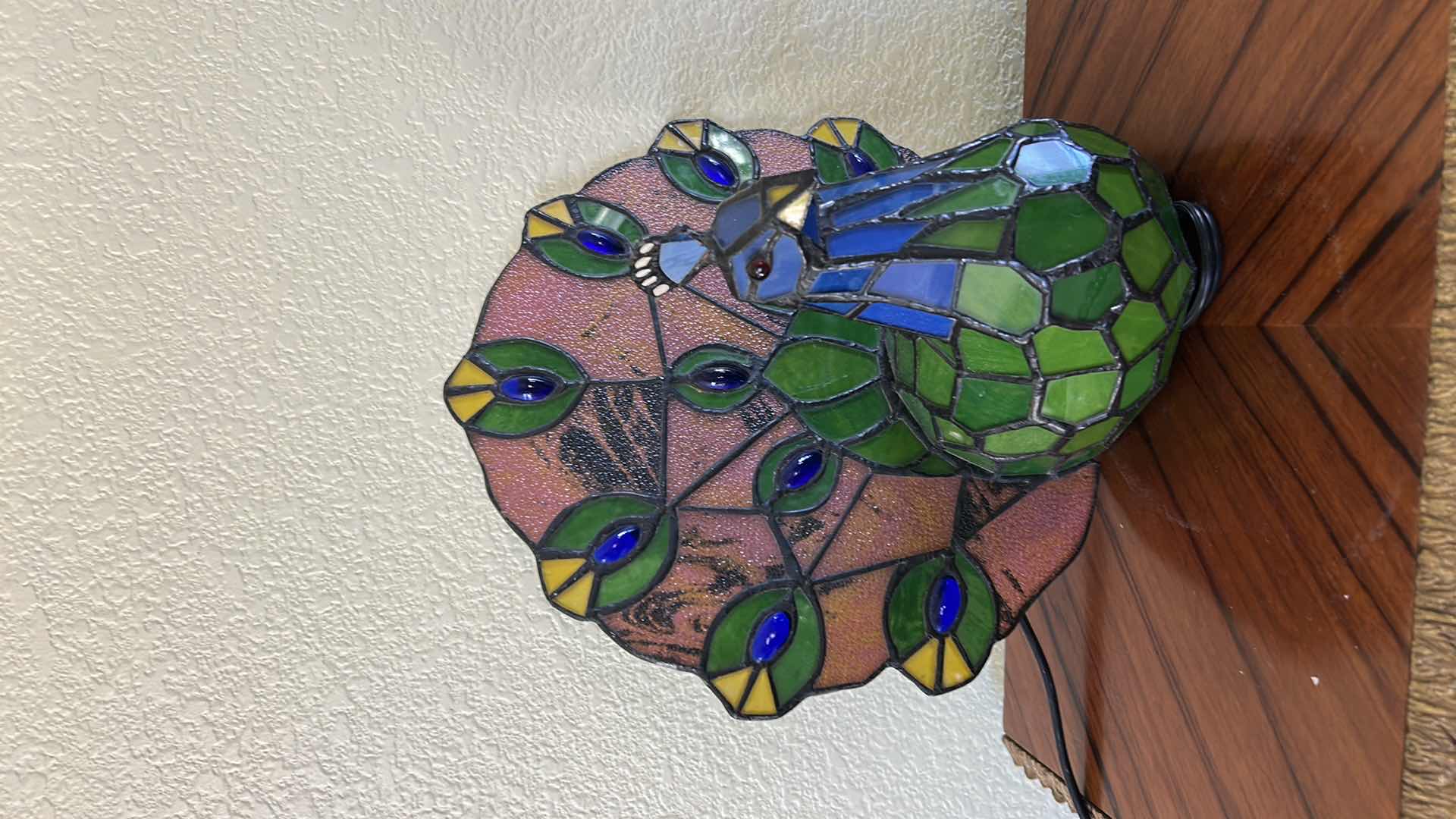 Photo 1 of TIFFANY-STYLE STAINED GLASS (RESIN) PEACOCK LAMP, A DECORATIVE ACCENT LIGHT H10”