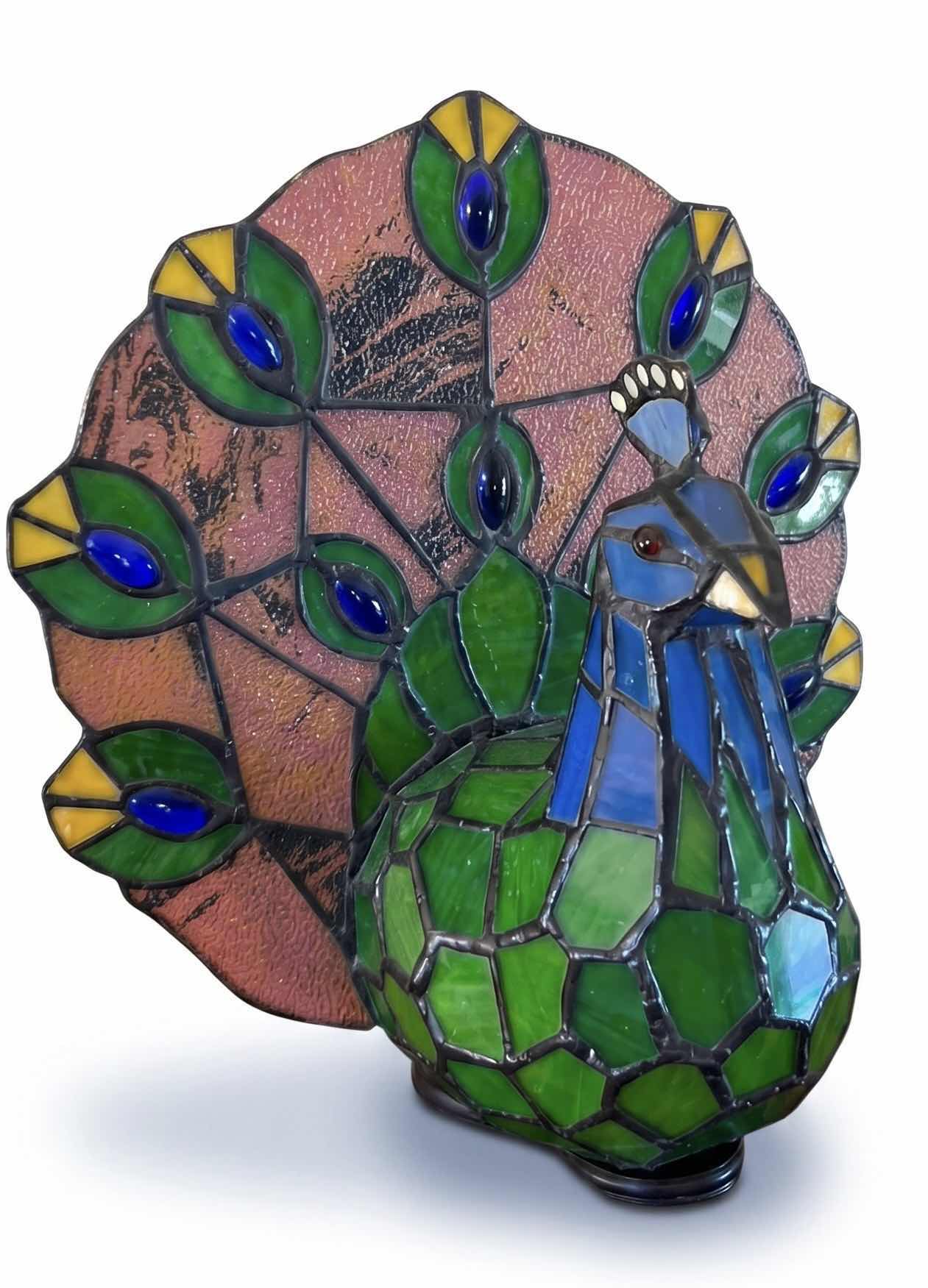 Photo 1 of TIFFANY-STYLE STAINED GLASS (RESIN) PEACOCK LAMP, A DECORATIVE ACCENT LIGHT H10”