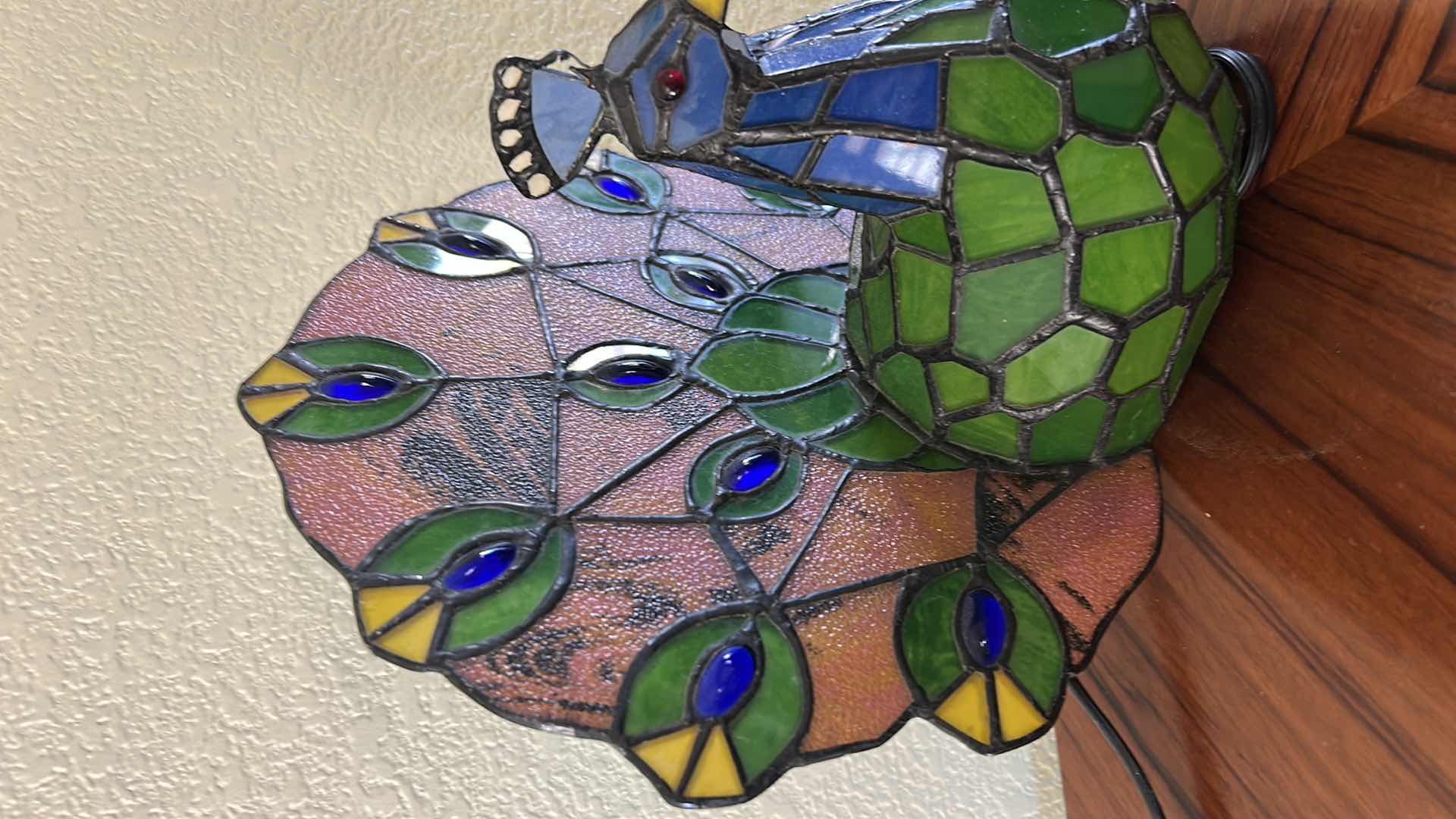 Photo 1 of TIFFANY-STYLE STAINED GLASS (RESIN) PEACOCK LAMP, A DECORATIVE ACCENT LIGHT H10”