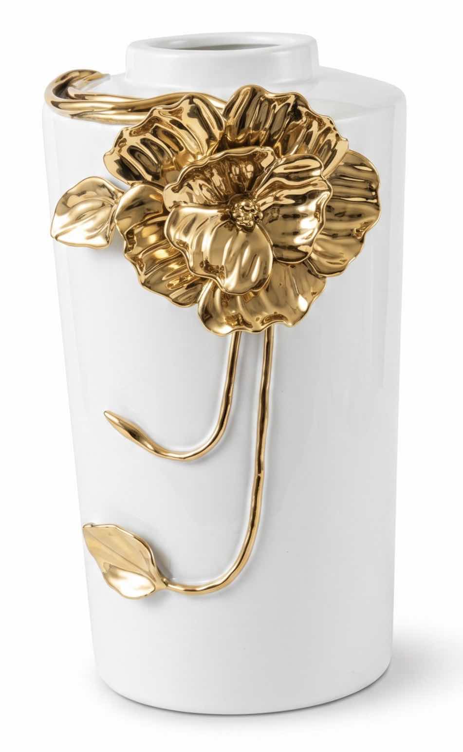 Photo 1 of CERAMIC VASE FEATURES A LARGE, SCULPTURAL GOLD FLOWER DETAIL. H12”