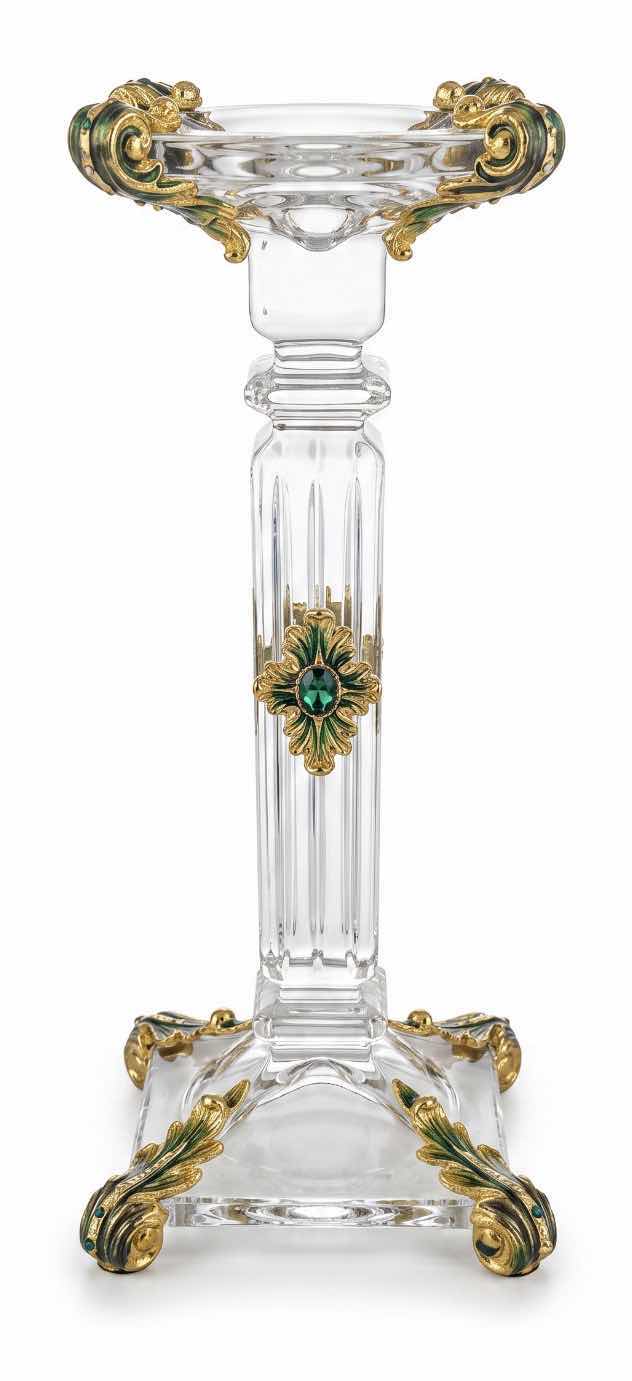 Photo 1 of ORNATE BAROQUE-STYLE CRYSTAL CANDLESTICK FEATURES DISTINCTIVE GOLD-LEAF EMBELLISHMENTS AND EMERALD-COLORED JEWEL ACCENTS. H13” & BATTERY OPERATED CANDLE. $125