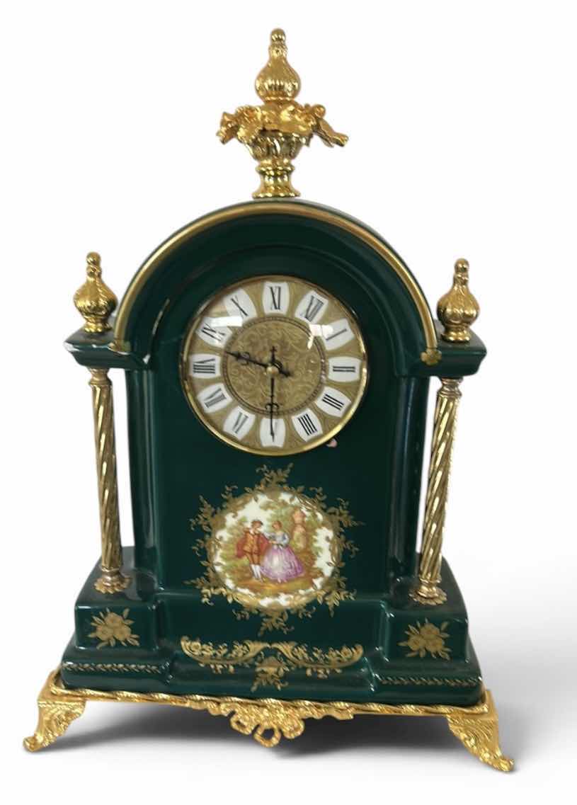 View 1 of VINTAGE KING LOUIS DESIGN PORCELAIN MANTEL CLOCK GREEN FINISH W GOLD GILT ACCENTS & CENTRAL FRAGONARD-STYLE LOVERS’ SCENE H15”