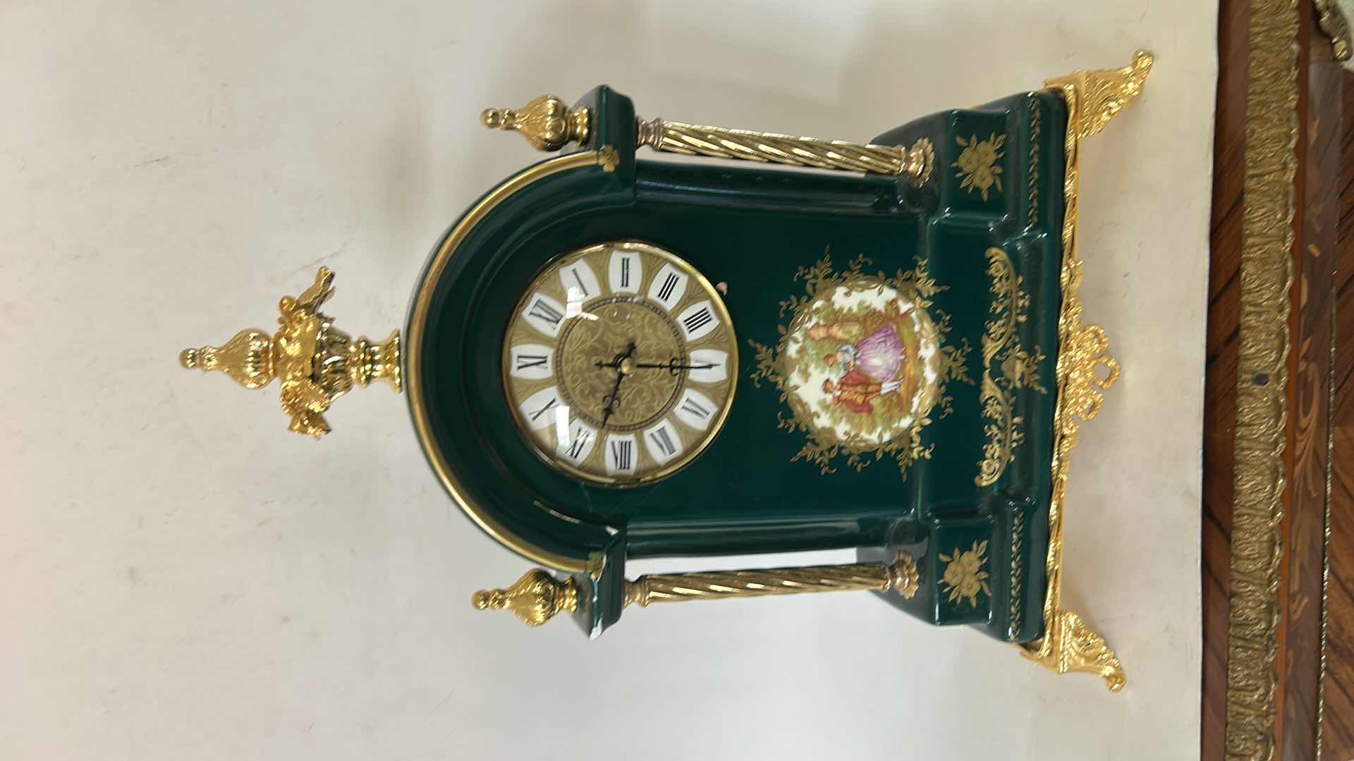 View 2 of VINTAGE KING LOUIS DESIGN PORCELAIN MANTEL CLOCK GREEN FINISH W GOLD GILT ACCENTS & CENTRAL FRAGONARD-STYLE LOVERS’ SCENE H15”