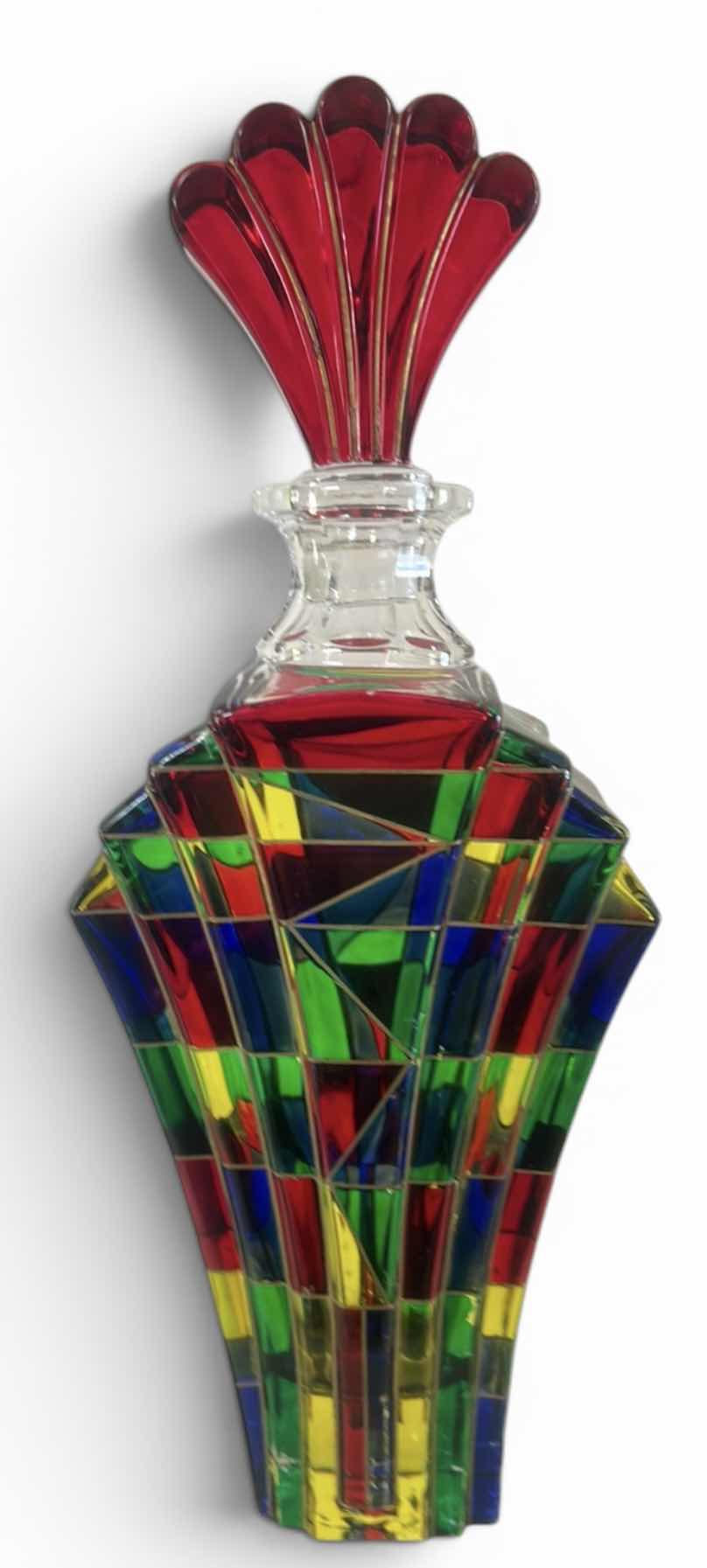 Photo 1 of DECORATIVE ART GLASS DECANTER RESEMBLES THE “SCALENO” DESIGN CREATED BY LUIGI BORMIOLI IN ITALY DURING THE 1970S. THE PIECE FEATURES A VIBRANT GEOMETRIC MOSAIC PATTERN AND A DISTINCTIVE FAN-SHAPED STOPPER H12”