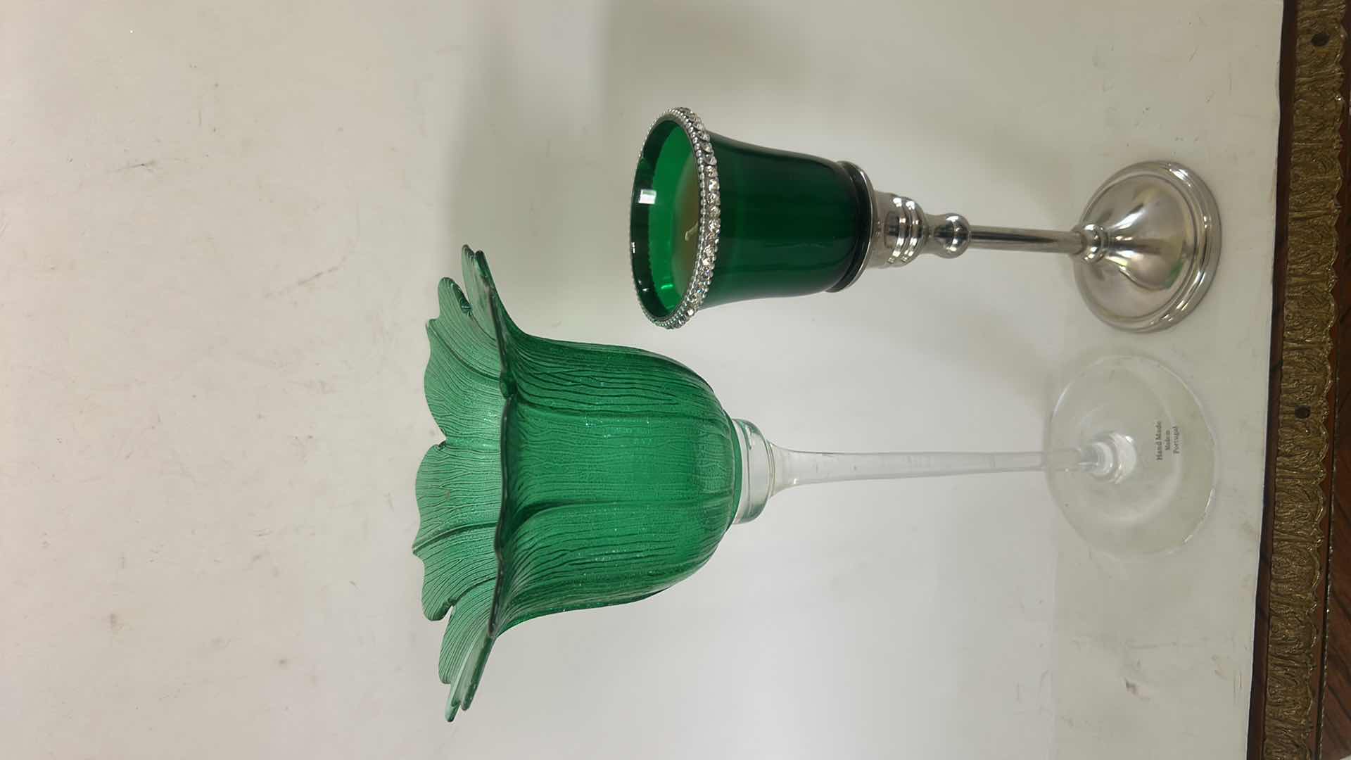 Photo 1 of TULIP GLASS CANDLE HOLDER MADE IN PORTUGAL & SILVER TONE CANDLE HOLDER W/CANDLE. H12”