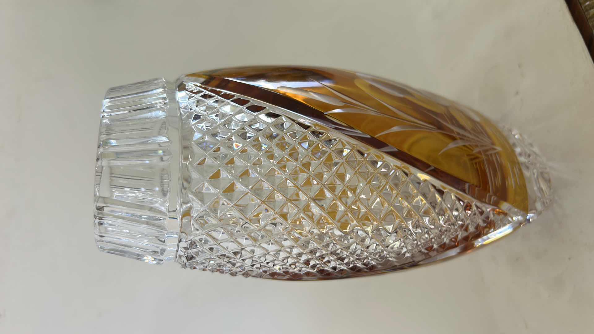 Photo 1 of JULIA POLAND LEAD CRYSTAL VASE, FEATURING A DISTINCTIVE AMBER-TO-CLEAR CUT DESIGN WITH A SWAN MOTIF. H8”
