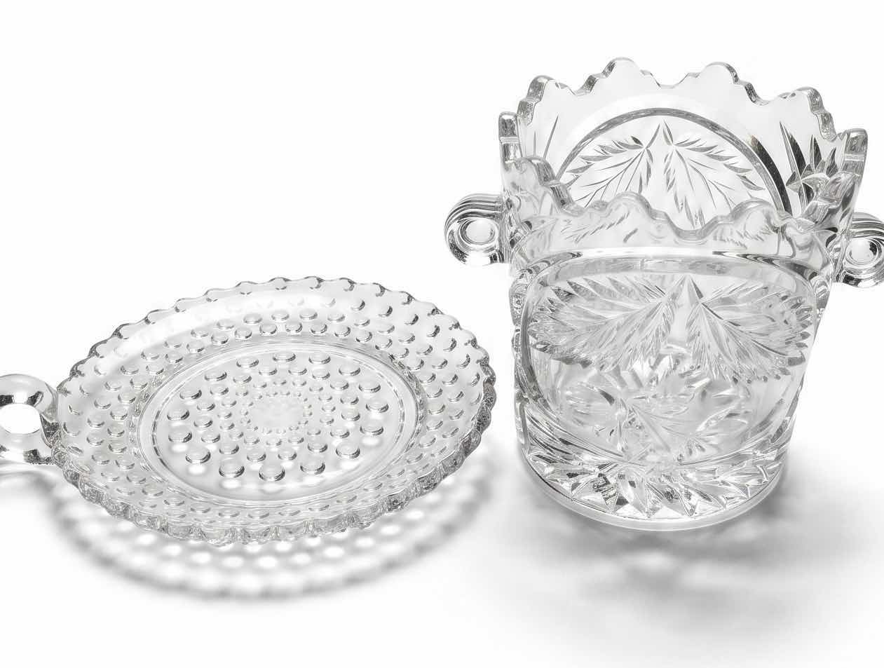View 1 of VINTAGE CRYSTAL ICE BUCKET FEATURES AN INTRICATE ETCHED LEAF PATTERN AND SCALLOP-EDGED RIM & VINTAGE CLEAR GLASS DISH.