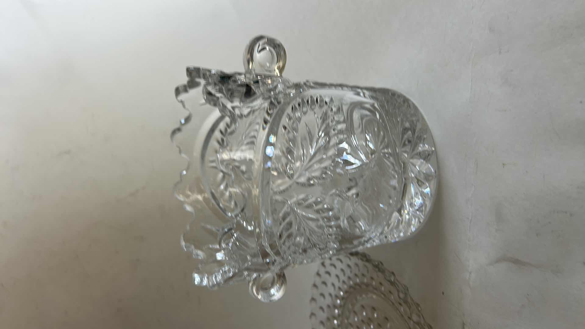 View 3 of VINTAGE CRYSTAL ICE BUCKET FEATURES AN INTRICATE ETCHED LEAF PATTERN AND SCALLOP-EDGED RIM & VINTAGE CLEAR GLASS DISH.