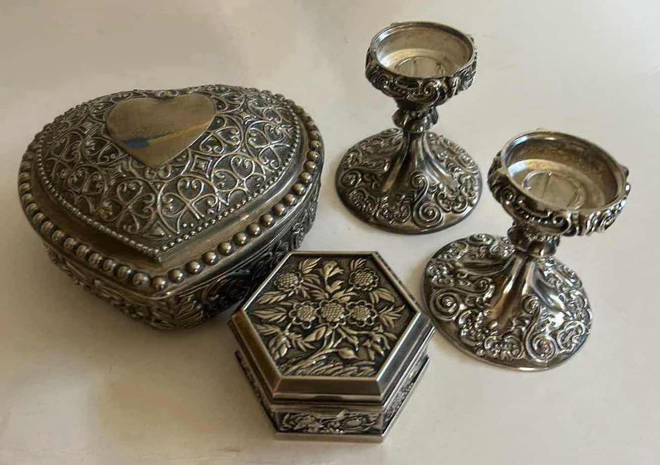 Photo 1 of GODINGER SILVER PLATED CANDLE STICKS & SILVER TONE TRINKET BOXES