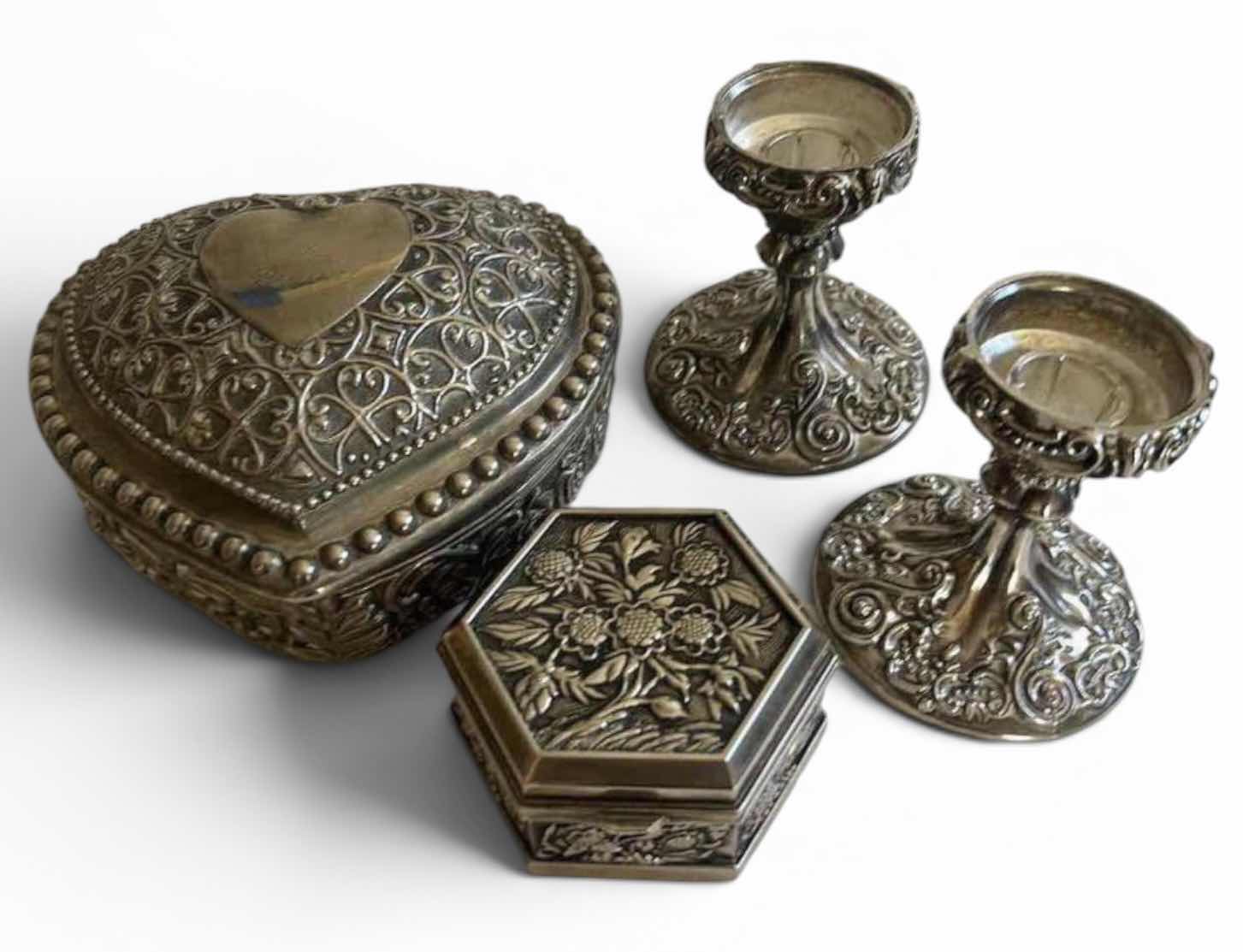 Photo 1 of GODINGER SILVER PLATED CANDLE STICKS & SILVER TONE TRINKET BOXES