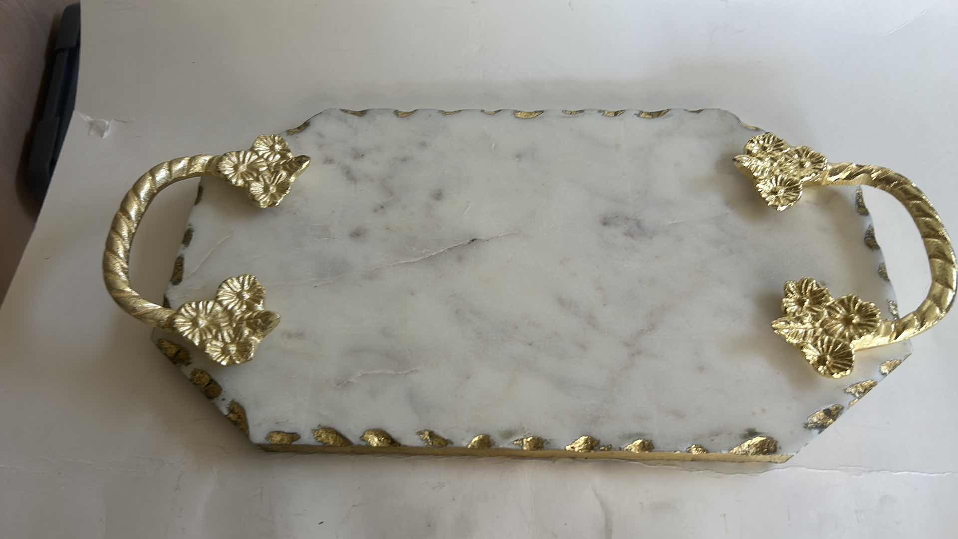 Photo 1 of VINTAGE-STYLE ENAMEL GLASS FLORAL TEA CUP FEATURES INTRICATE 3D BUTTERFLY AND ROSE DETAILS ON THE HANDLE AND LID & HANDMADE SERVING TRAY FEATURES A WHITE MARBLE BASE ACCENTED WITH INTRICATE GOLD-FINISHED METAL HANDLES.