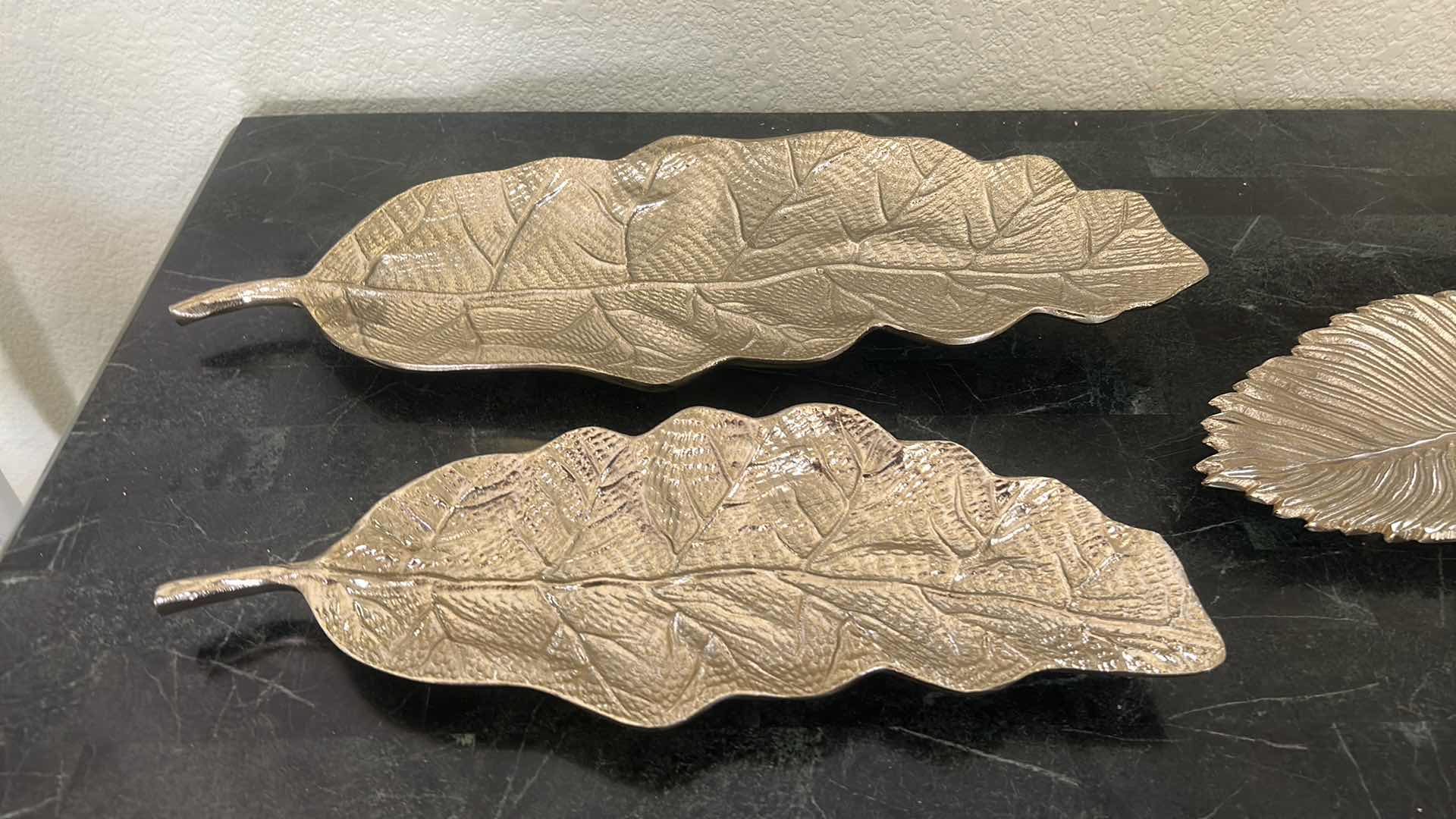 Photo 1 of THREE GOLD TONE, LEAF SERVINGTRAYS (LONGEST 21”)