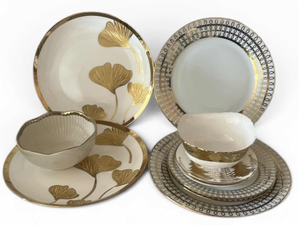 Photo 1 of 10 PC WHITE AND GOLD DINNER WARE PLATES AND BOWLS