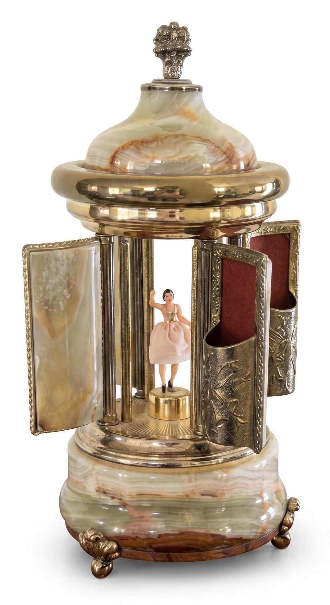 Photo 1 of VINTAGE REUGE SWISS BALLERINA MUSIC BOX CAROUSEL IS CRAFTED FROM ITALIAN ONYX STONE AND FEATURES SILVERED METAL DETAILS. IT OPERATES AS AN AUTOMATON WITH DANCING BALLERINA FIGURES, H11”
