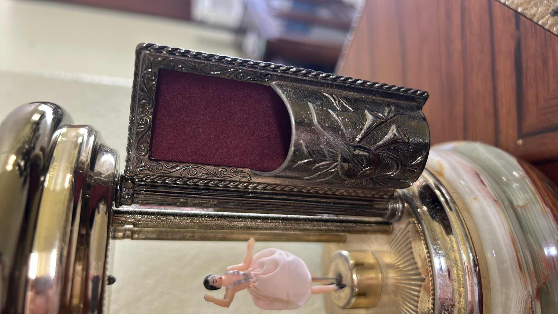View 3 of VINTAGE REUGE SWISS BALLERINA MUSIC BOX CAROUSEL IS CRAFTED FROM ITALIAN ONYX STONE AND FEATURES SILVERED METAL DETAILS. IT OPERATES AS AN AUTOMATON WITH DANCING BALLERINA FIGURES, H11”