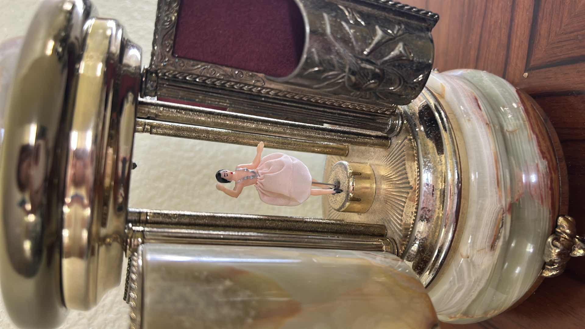 View 4 of VINTAGE REUGE SWISS BALLERINA MUSIC BOX CAROUSEL IS CRAFTED FROM ITALIAN ONYX STONE AND FEATURES SILVERED METAL DETAILS. IT OPERATES AS AN AUTOMATON WITH DANCING BALLERINA FIGURES, H11”