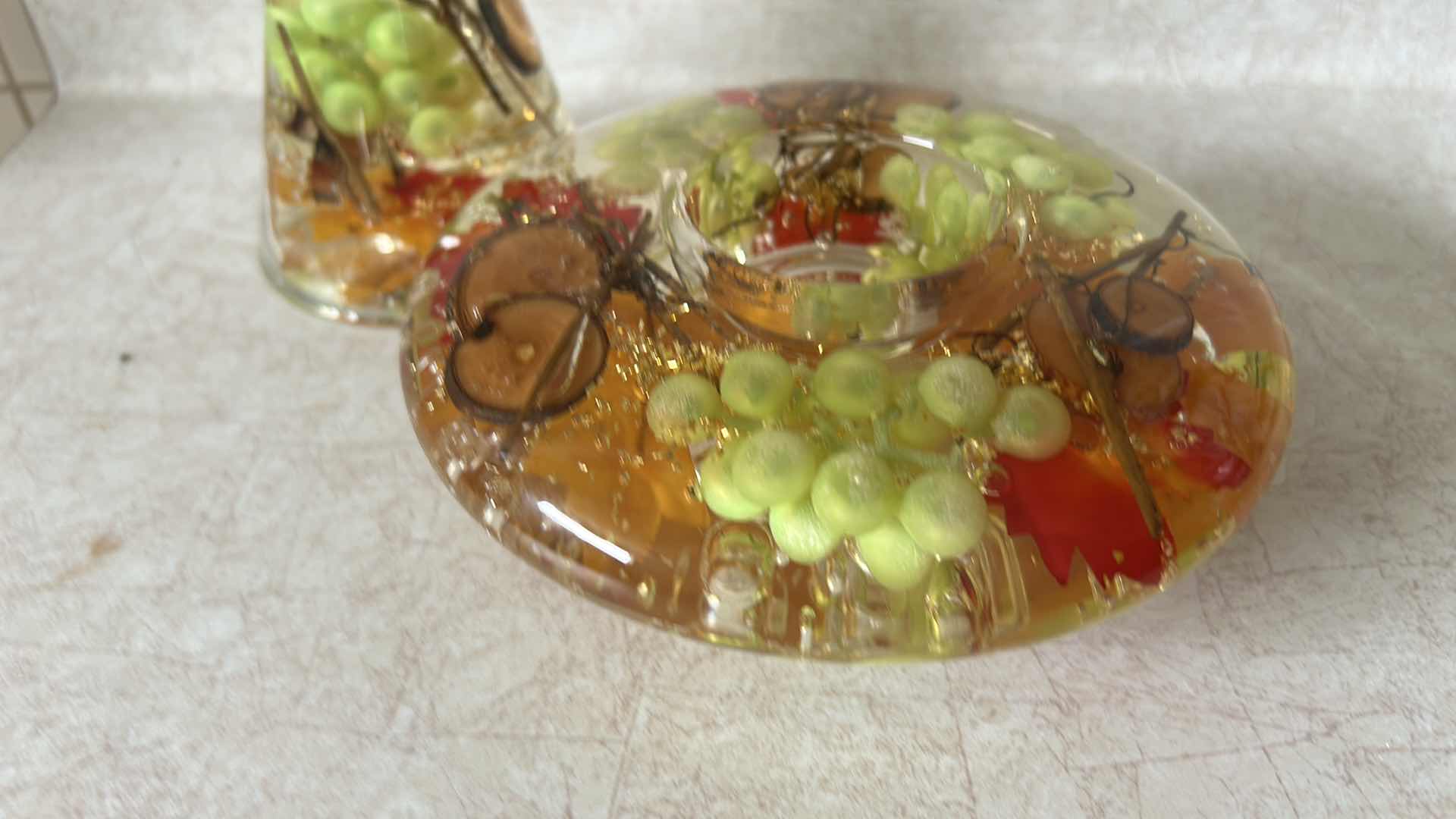 Photo 1 of 2 PC GILDE DREAMLIGHT (ALSO KNOWN AS TRAUMLICHT) HANDMADE TEALIGHT HOLDER & VASE FEATURING MOUTH-BLOWN GLASS OR ACRYLIC RESIN DESIGNS ENCASING DRIED FRUITS. MADE IN GERMANY. H7.25”