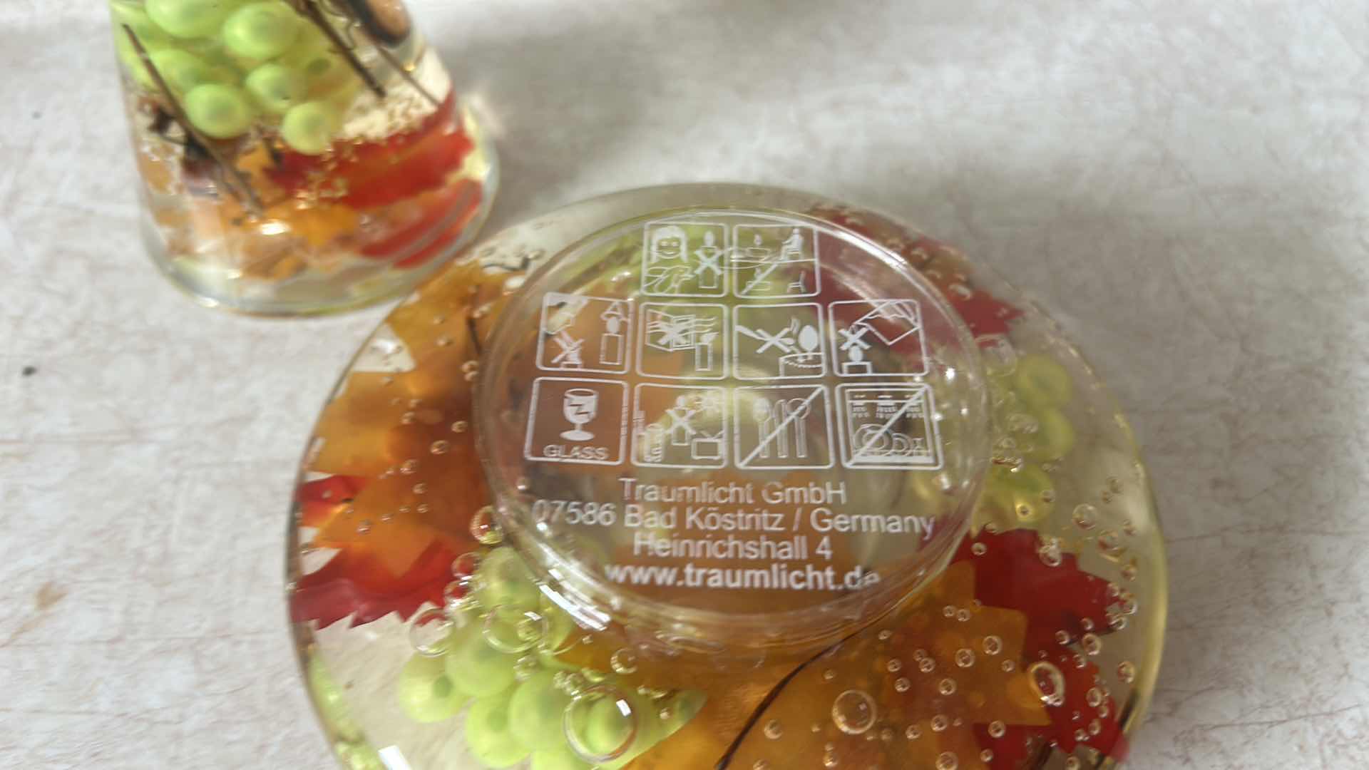Photo 1 of 2 PC GILDE DREAMLIGHT (ALSO KNOWN AS TRAUMLICHT) HANDMADE TEALIGHT HOLDER & VASE FEATURING MOUTH-BLOWN GLASS OR ACRYLIC RESIN DESIGNS ENCASING DRIED FRUITS. MADE IN GERMANY. H7.25”
