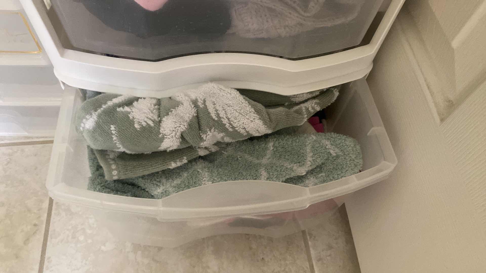 Photo 1 of PAIR OF PLASTIC STORAGE WITH THREE DRAWERS OF HAND TOWELS & WASHCLOTHS