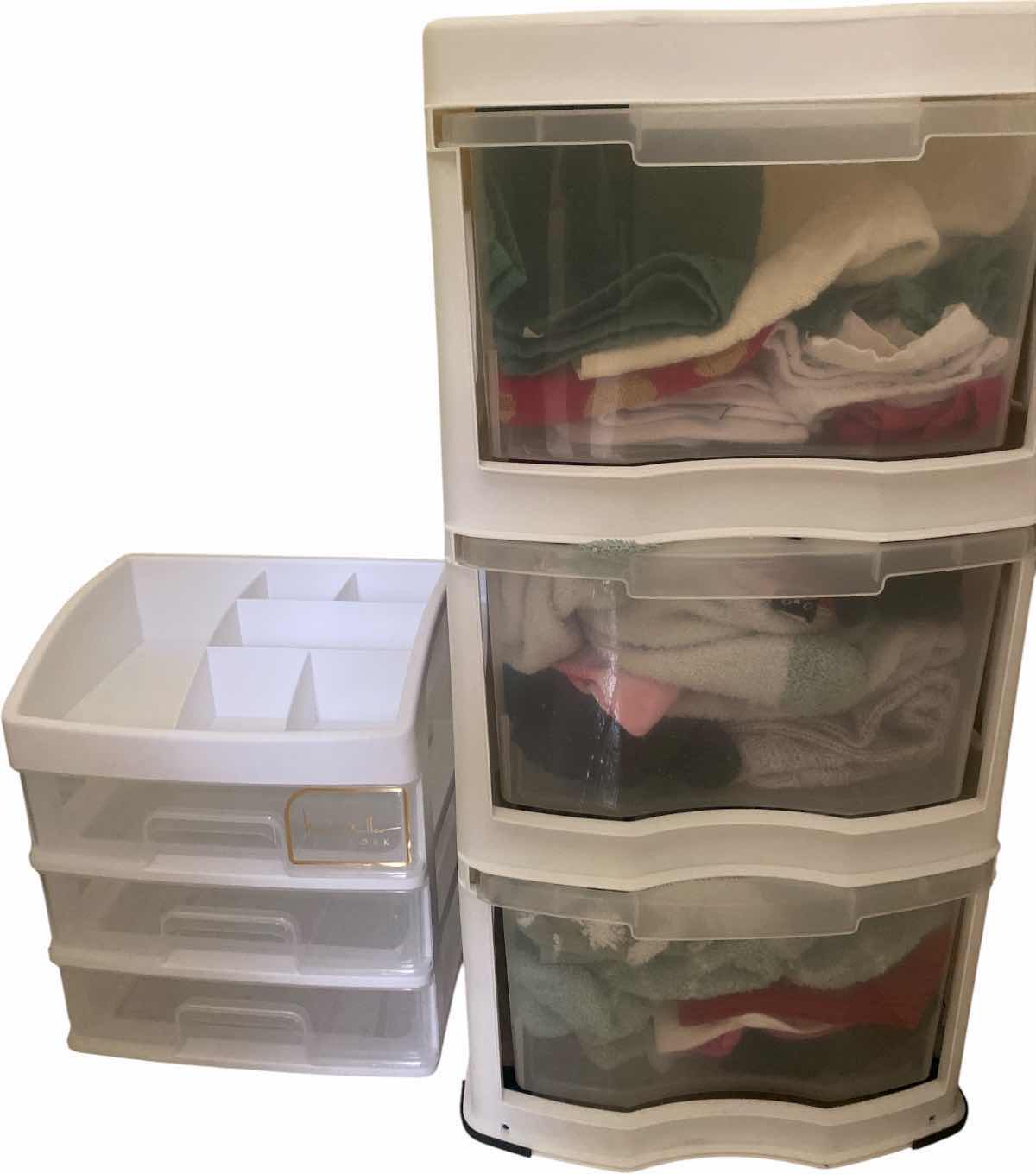 Photo 1 of PAIR OF PLASTIC STORAGE WITH THREE DRAWERS OF HAND TOWELS & WASHCLOTHS